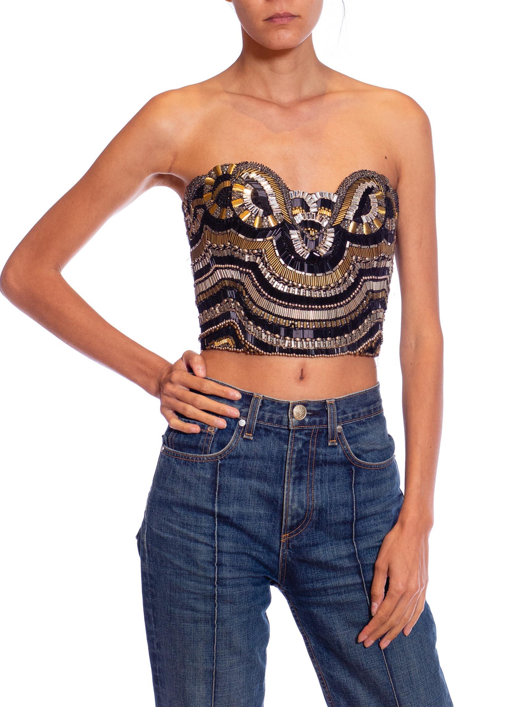 1990S GIANNI VERSACE Black, Silver & Gold Beaded Silk Strapless Bustier For Sale 6