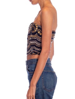 1990S GIANNI VERSACE Black, Silver & Gold Beaded Silk Strapless Bustier