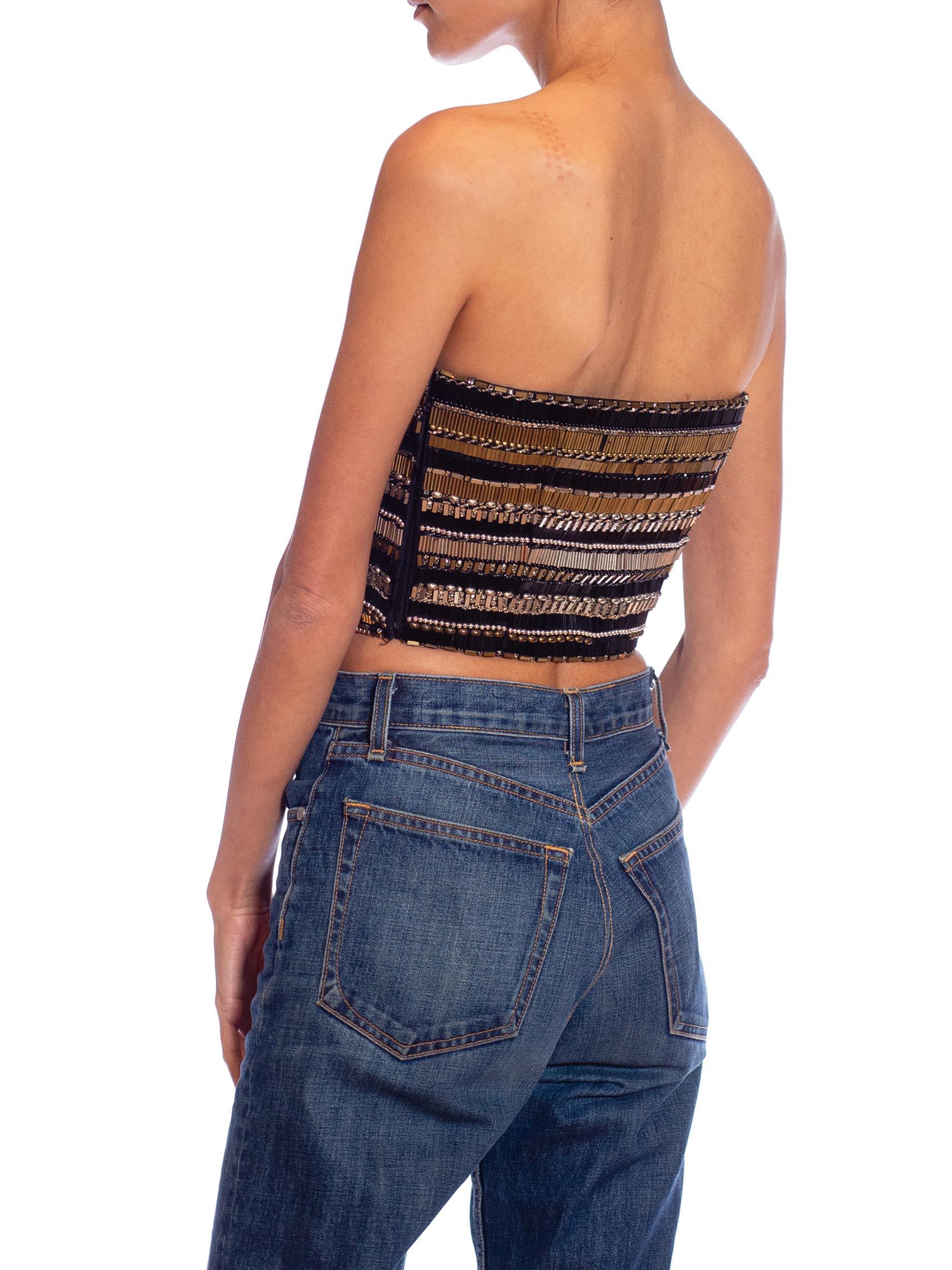 1990S GIANNI VERSACE Black, Silver & Gold Beaded Silk Strapless Bustier For Sale 1