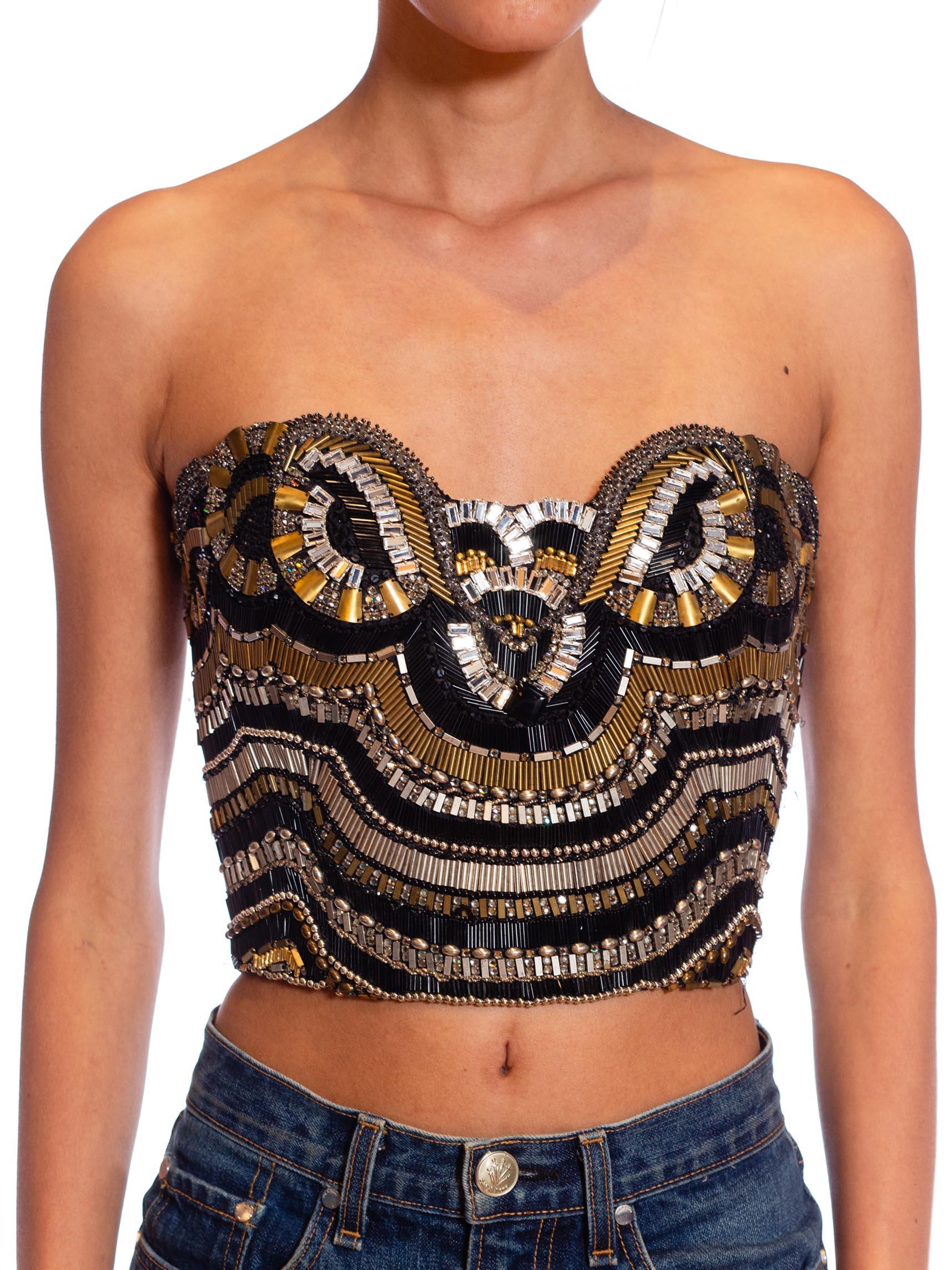 1990S GIANNI VERSACE Black, Silver & Gold Beaded Silk Strapless Bustier For Sale 2