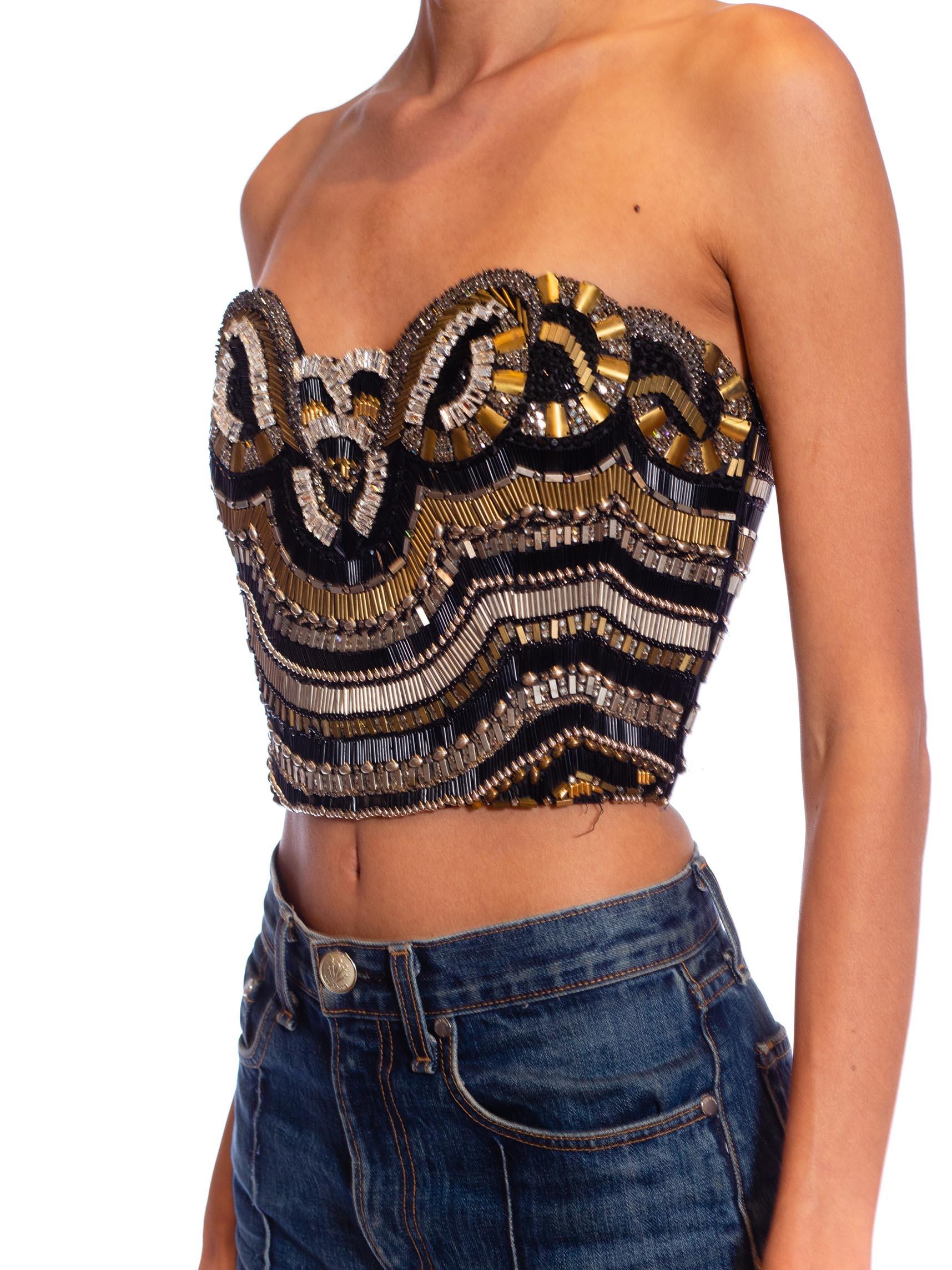 1990S GIANNI VERSACE Black, Silver & Gold Beaded Silk Strapless Bustier For Sale 3