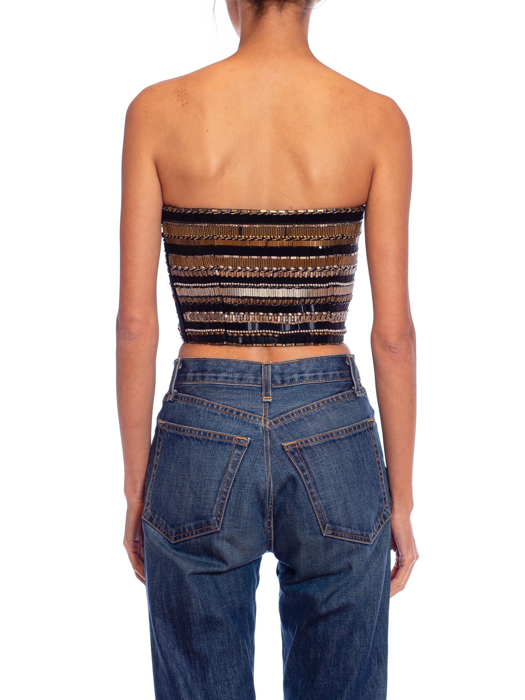 1990S GIANNI VERSACE Black, Silver & Gold Beaded Silk Strapless Bustier For Sale 5