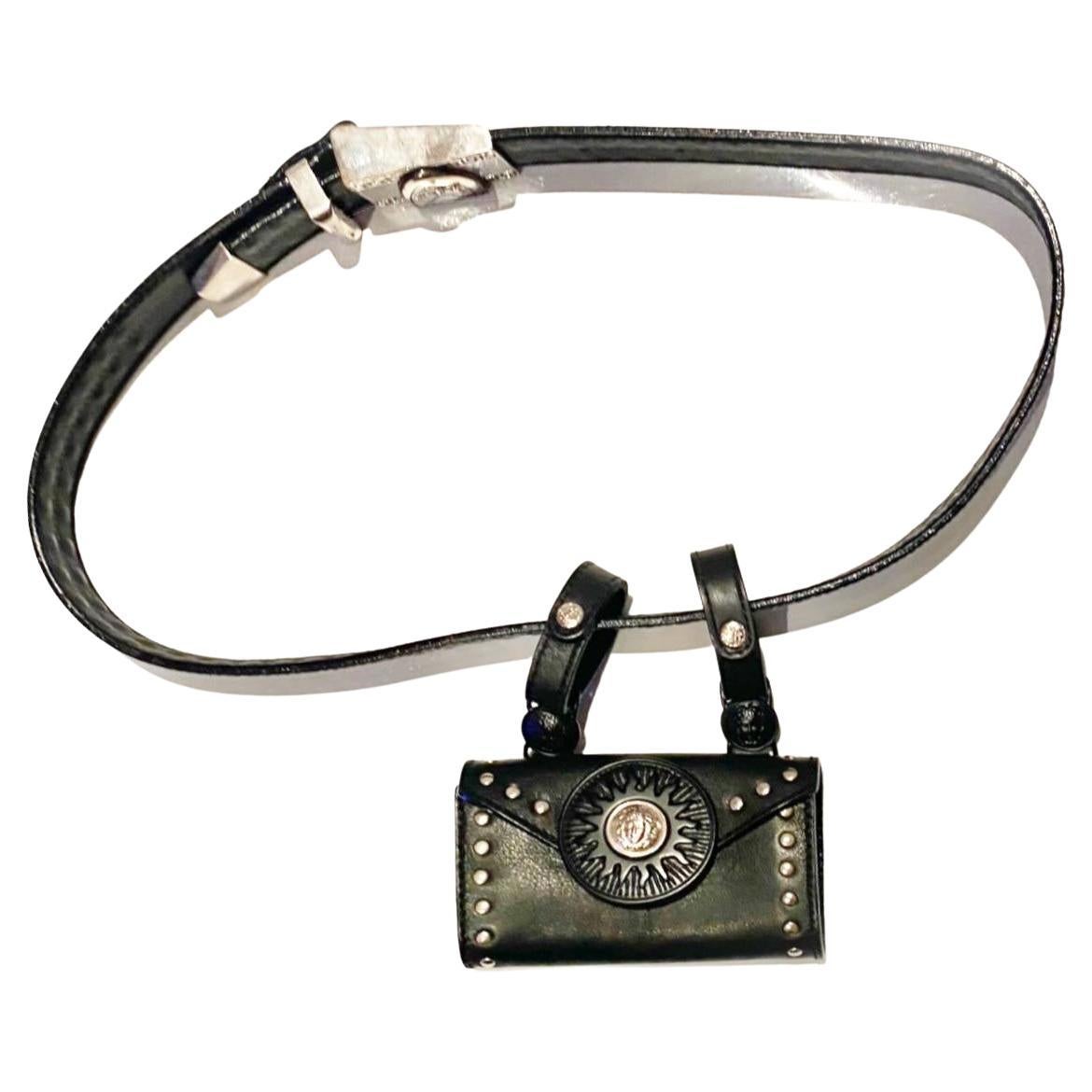 1990s VERSUS Gianni Versace Black Stud Medusa Leather Mini Bag Belt 