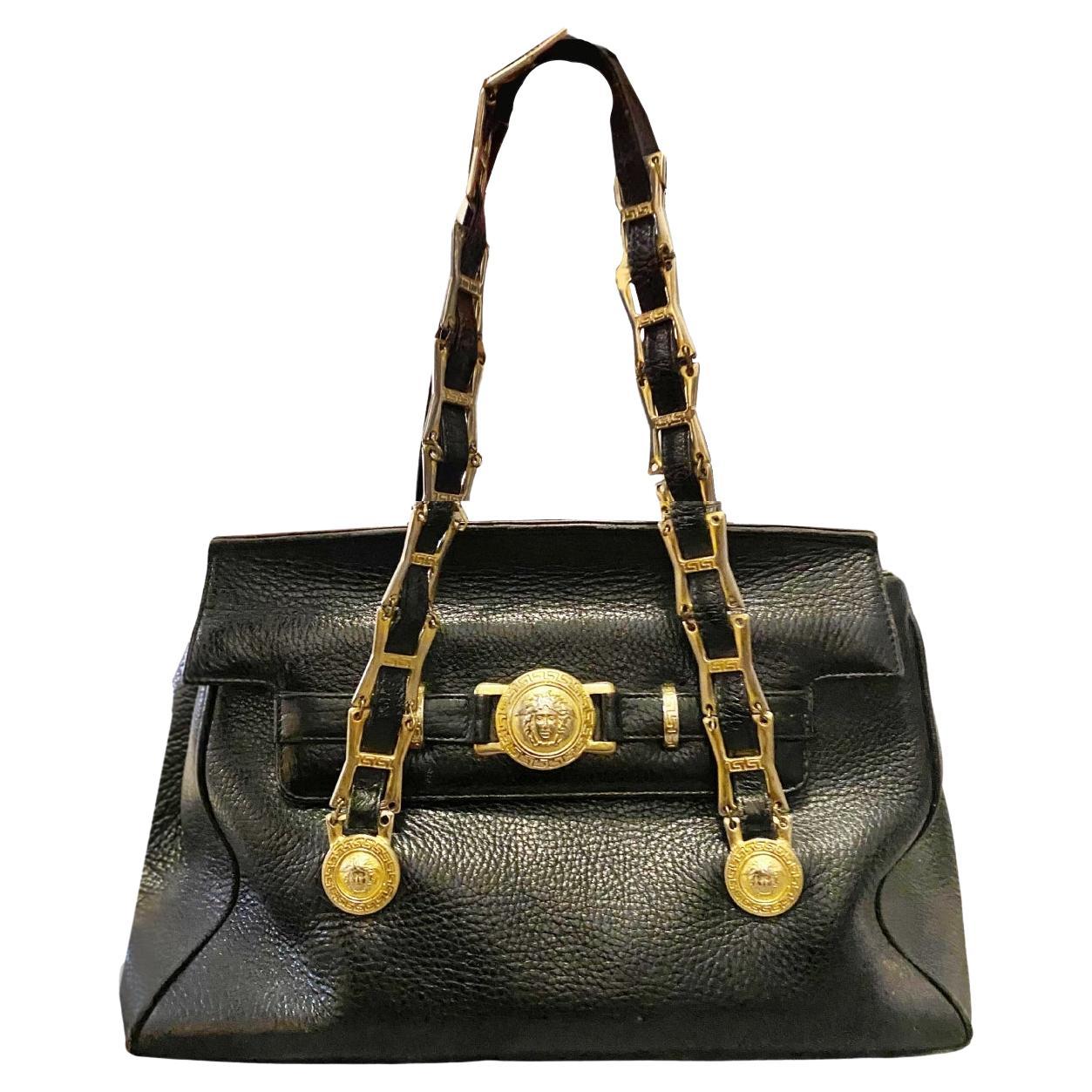 1990s Gianni Versace Black Stud Medusa Leather Shoulder Bag For Sale