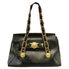 Retro 1990s Gianni Versace Black Stud Medusa Leather Shoulder Bag