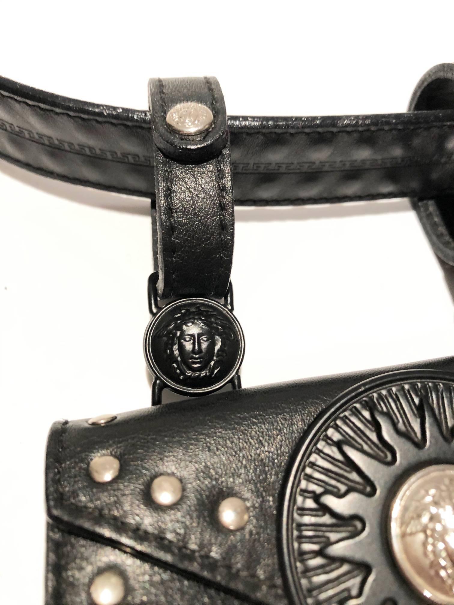 1990s VERSUS Gianni Versace Black Stud Medusa Leather Mini Bag Belt  For Sale 6