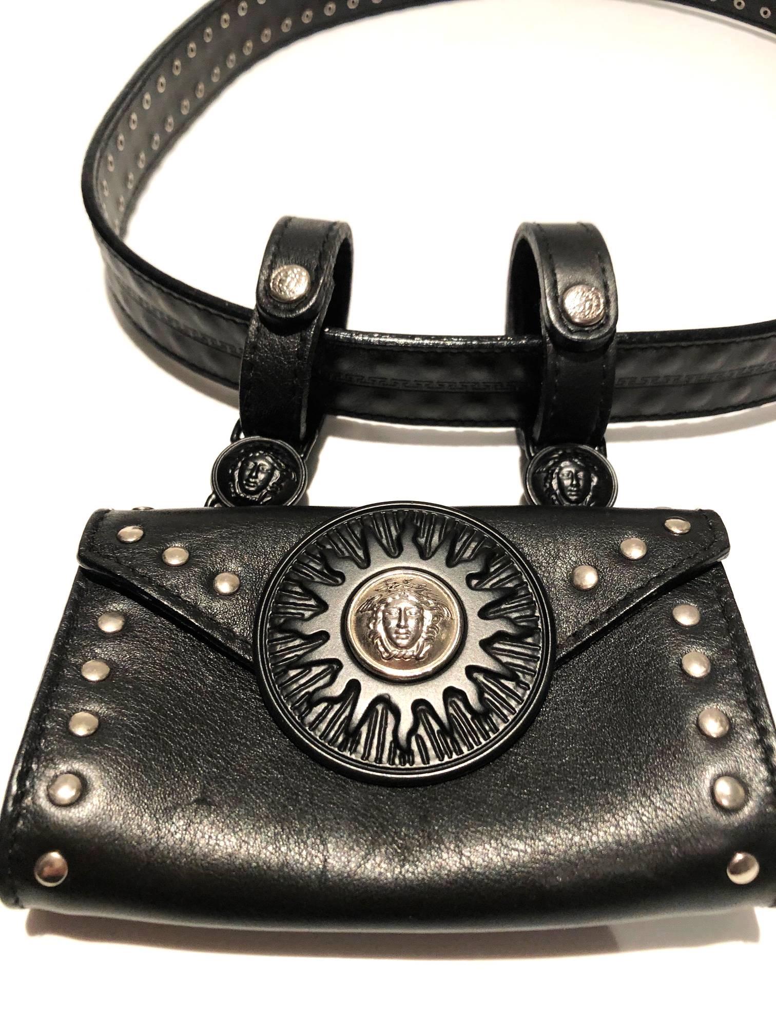 1990s VERSUS Gianni Versace Black Stud Medusa Leather Mini Bag Belt  In Good Condition For Sale In London, GB