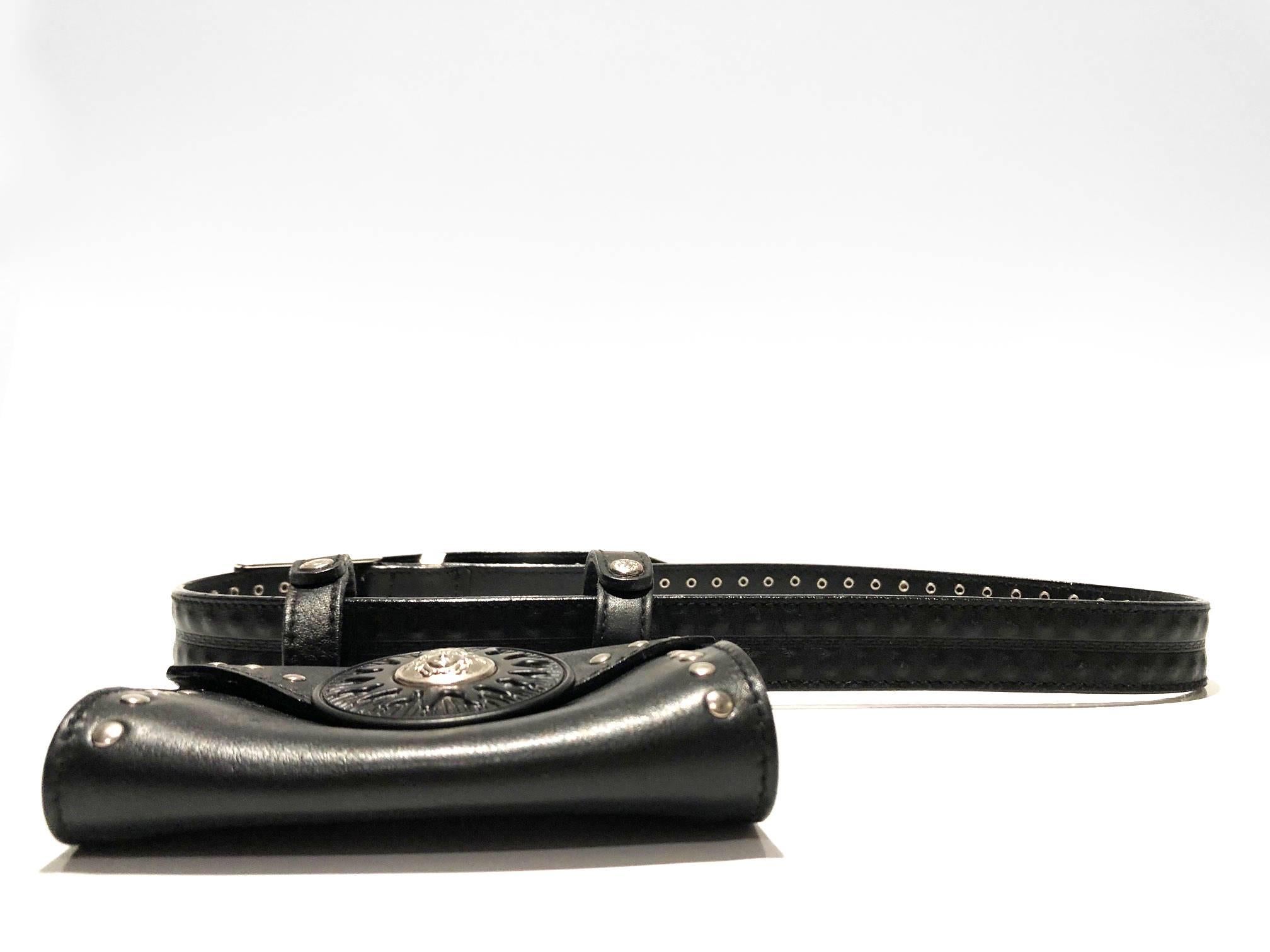 Women's or Men's 1990s VERSUS Gianni Versace Black Stud Medusa Leather Mini Bag Belt  For Sale
