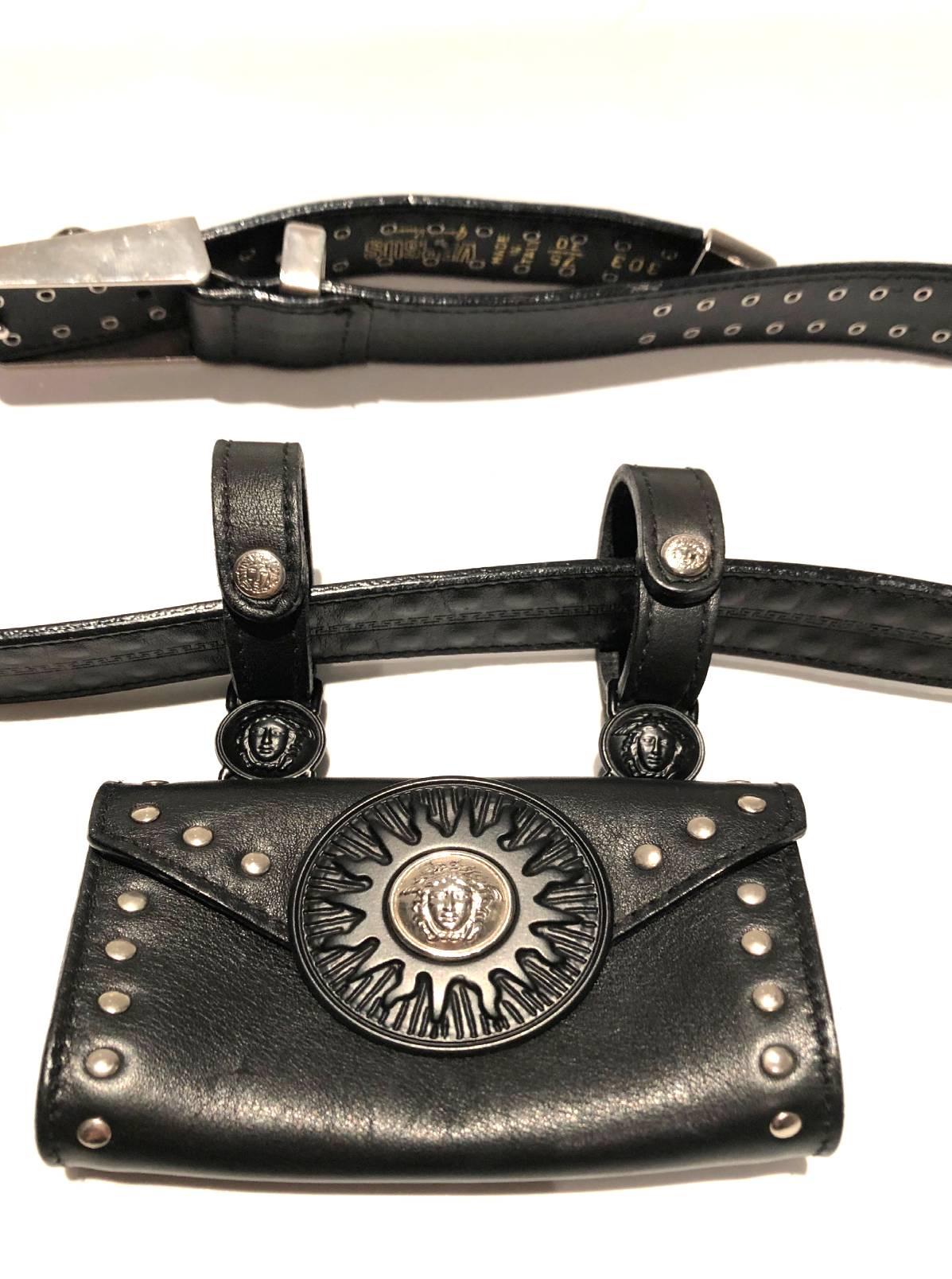 1990s VERSUS Gianni Versace Black Stud Medusa Leather Mini Bag Belt  For Sale 1