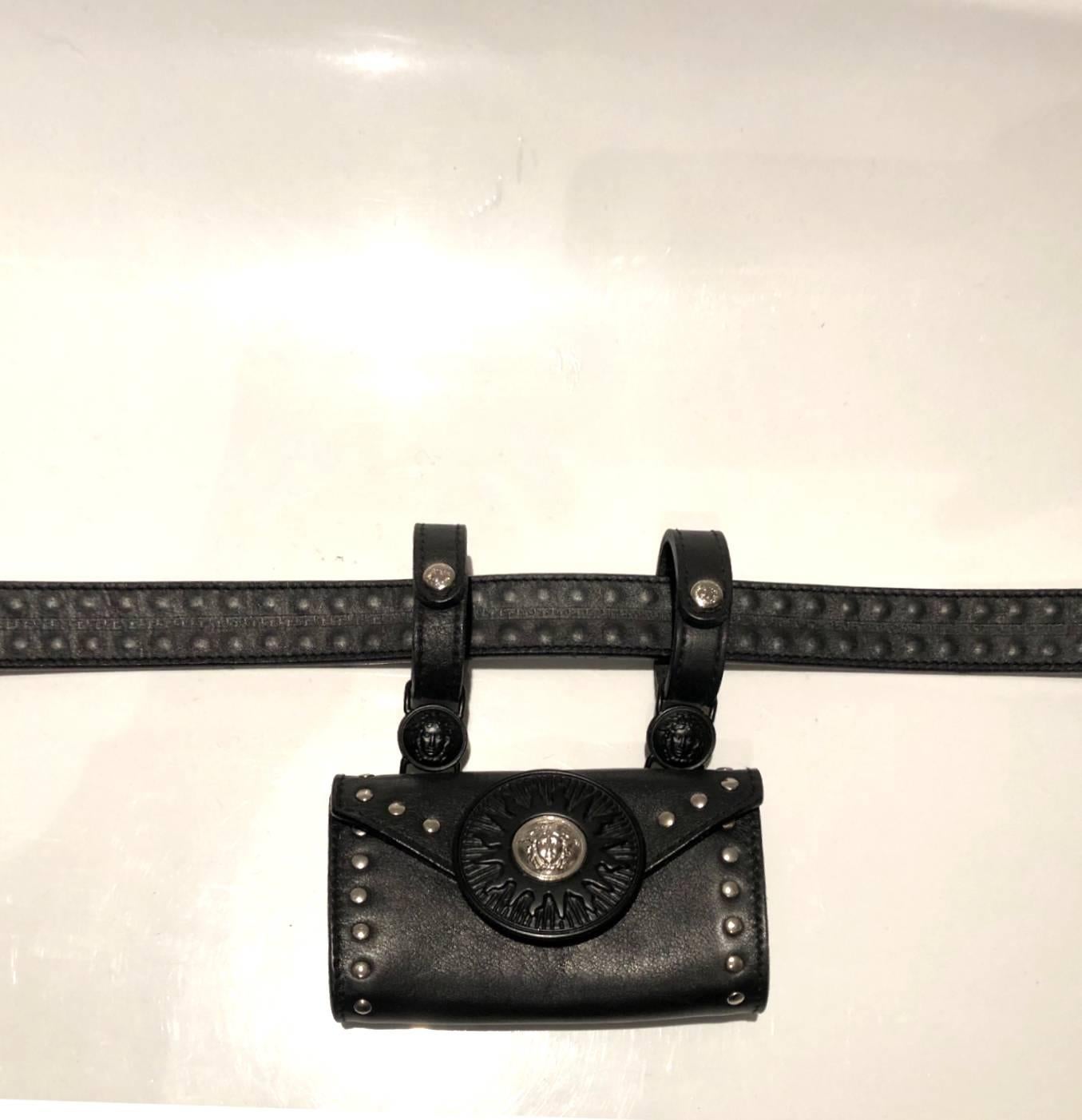 1990s VERSUS Gianni Versace Black Stud Medusa Leather Mini Bag Belt  For Sale 2