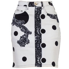 1990S GIANNI VERSACE Black & White Cotton Denim Stretch Polka Dot Paisley Skirt