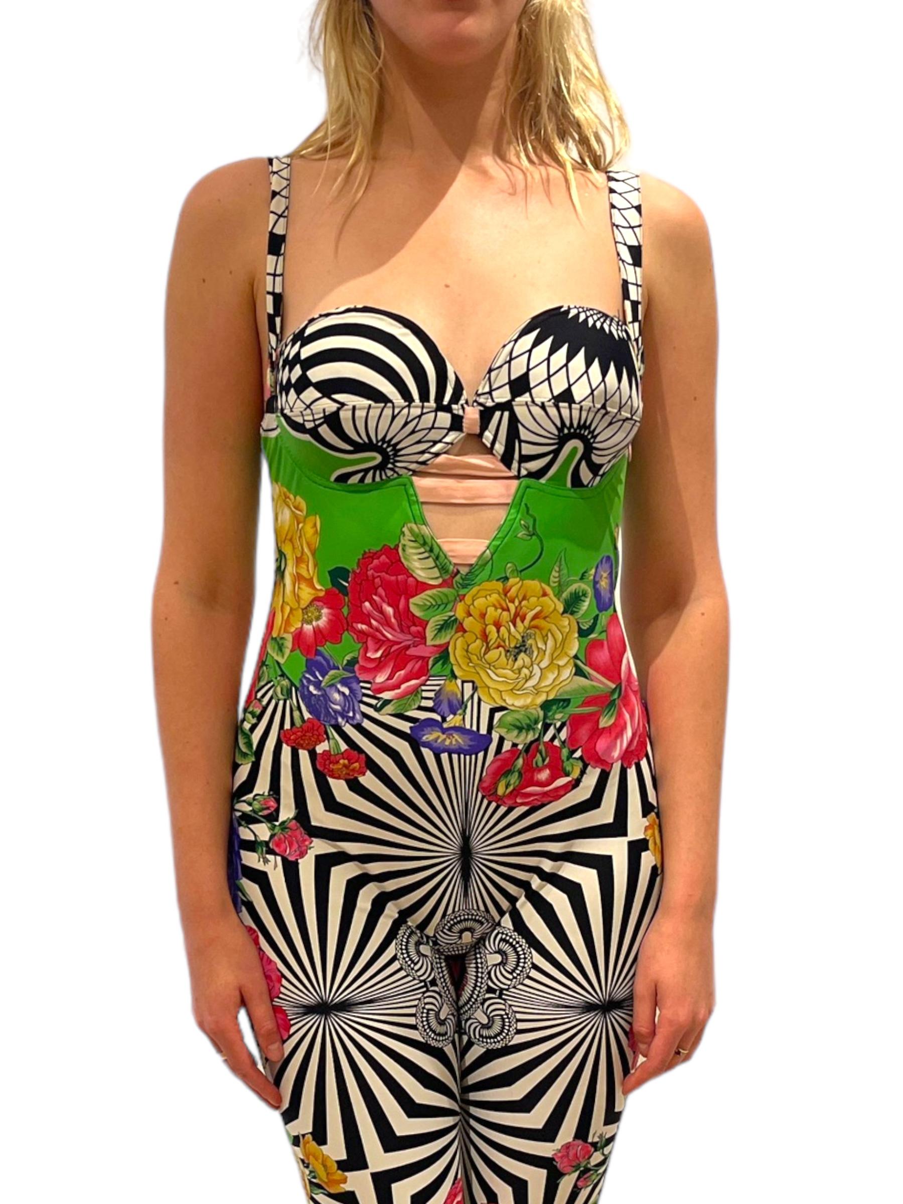 1990s GIANNI VERSACE Black & White Floral Psychedelic Catsuit For Sale 5