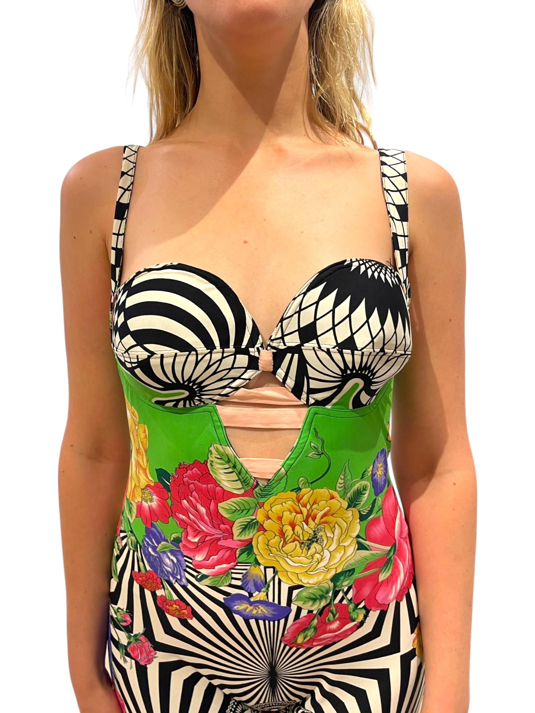 Brown 1990s GIANNI VERSACE Black & White Floral Psychedelic Catsuit For Sale