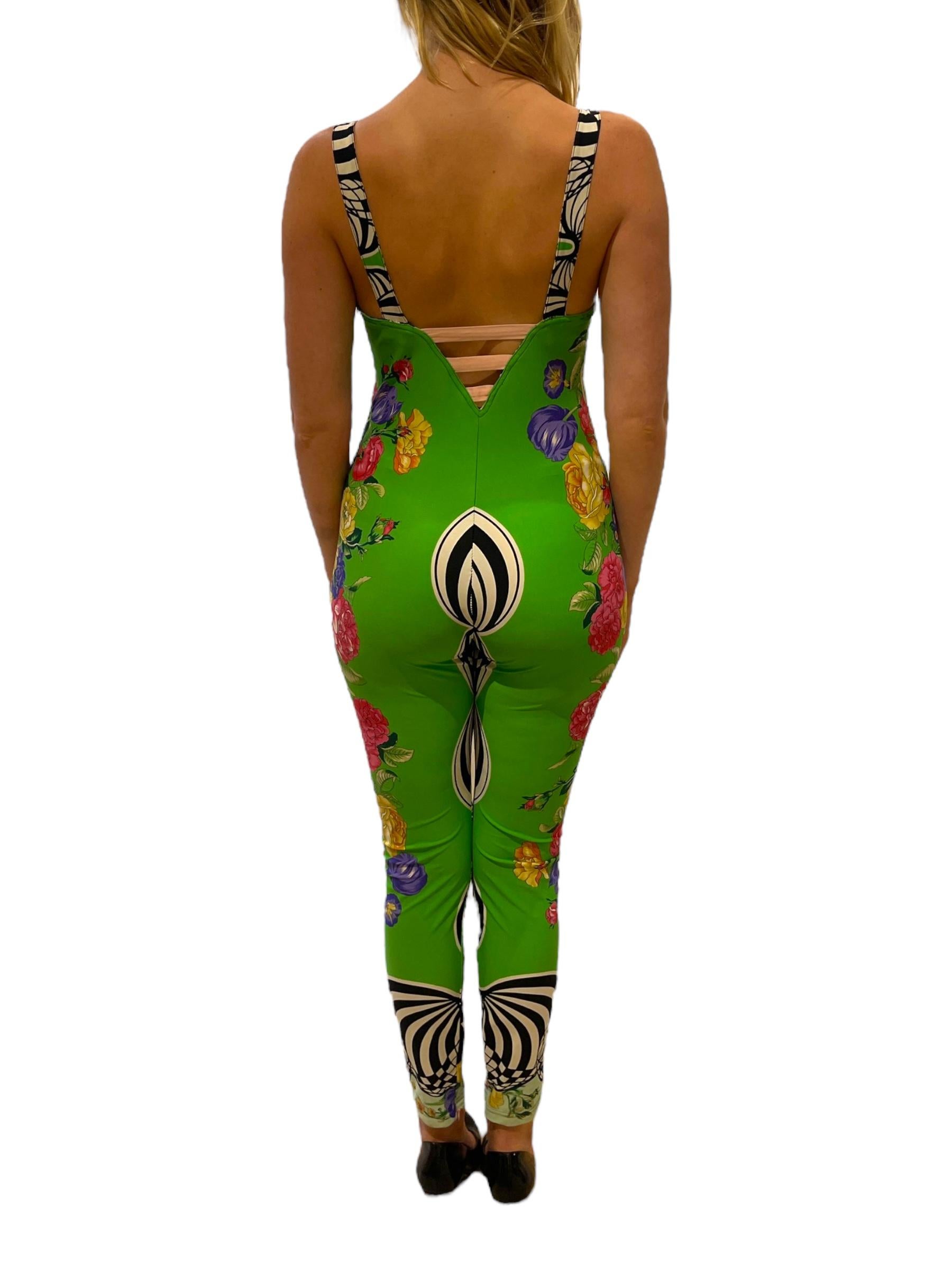 1990s GIANNI VERSACE Black & White Floral Psychedelic Catsuit For Sale 1