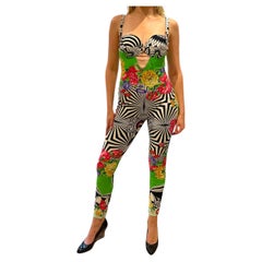 1990s GIANNI VERSACE Black & White Floral Psychedelic Catsuit