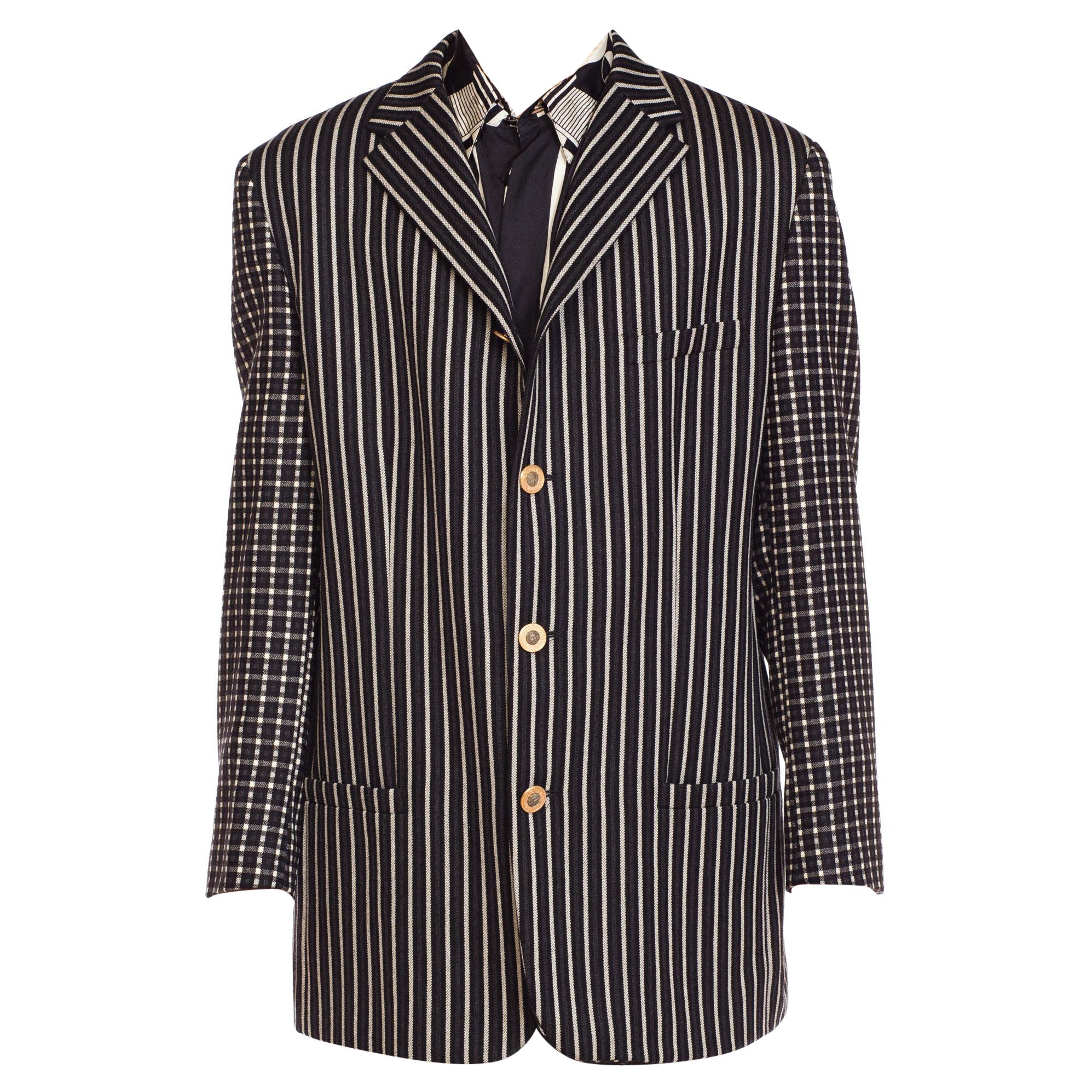 1990S GIANNI VERSACE Laine noire, blanche et grise Plaid rayé Weiner Werkst