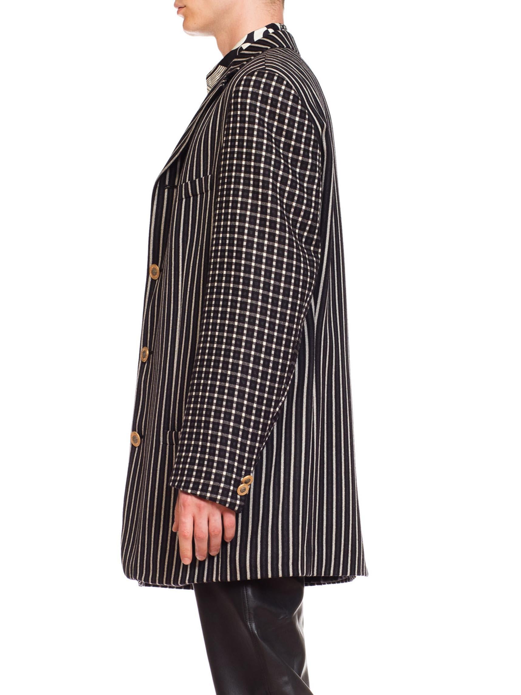 1990S GIANNI VERSACE Black, White & Grey Wool Check Plaid Striped Weiner Werkstatte Inspired Men's Blazer