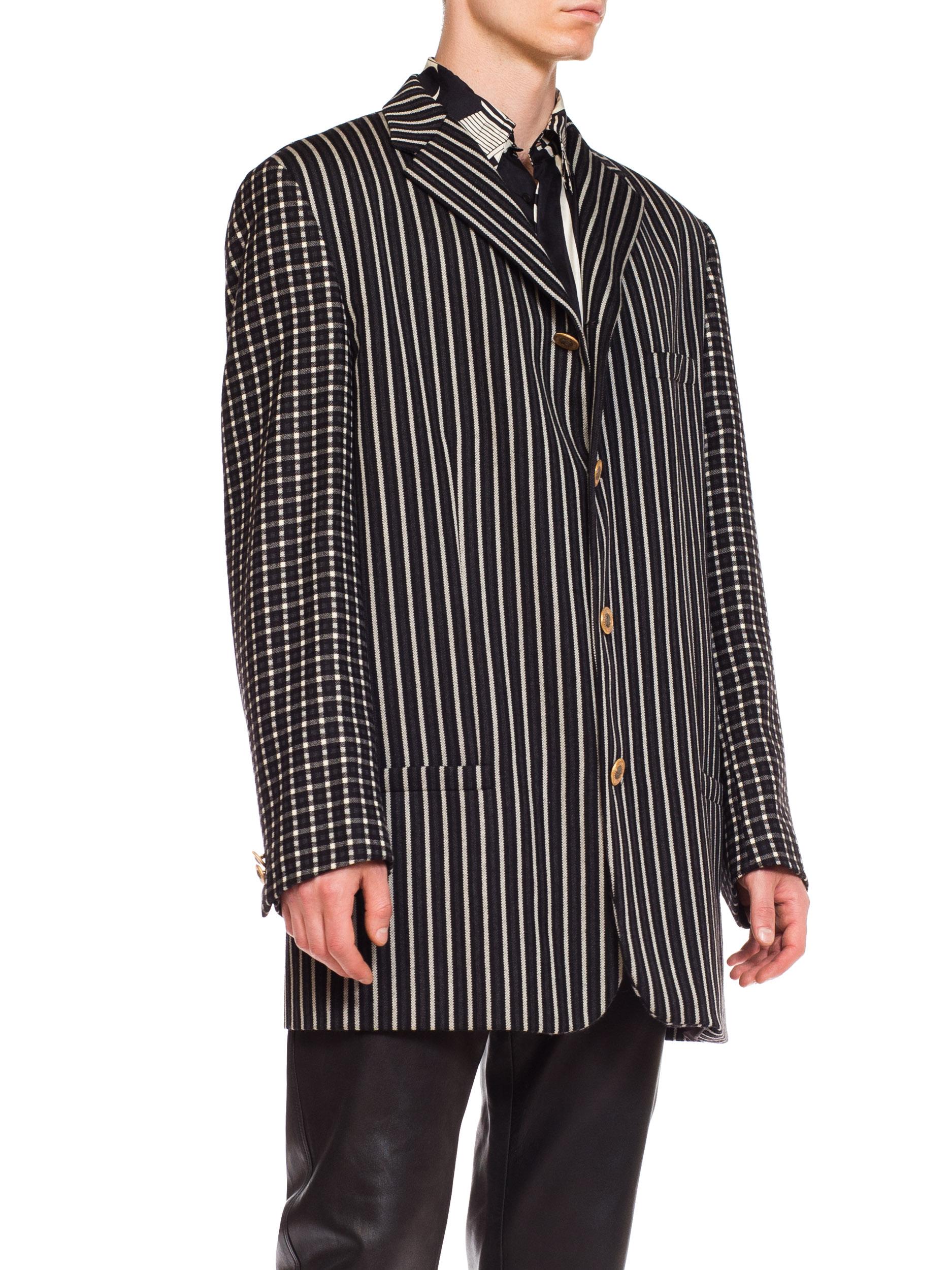 Gray 1990S GIANNI VERSACE Black, White & Grey Wool Check Plaid Striped Weiner Werksta For Sale