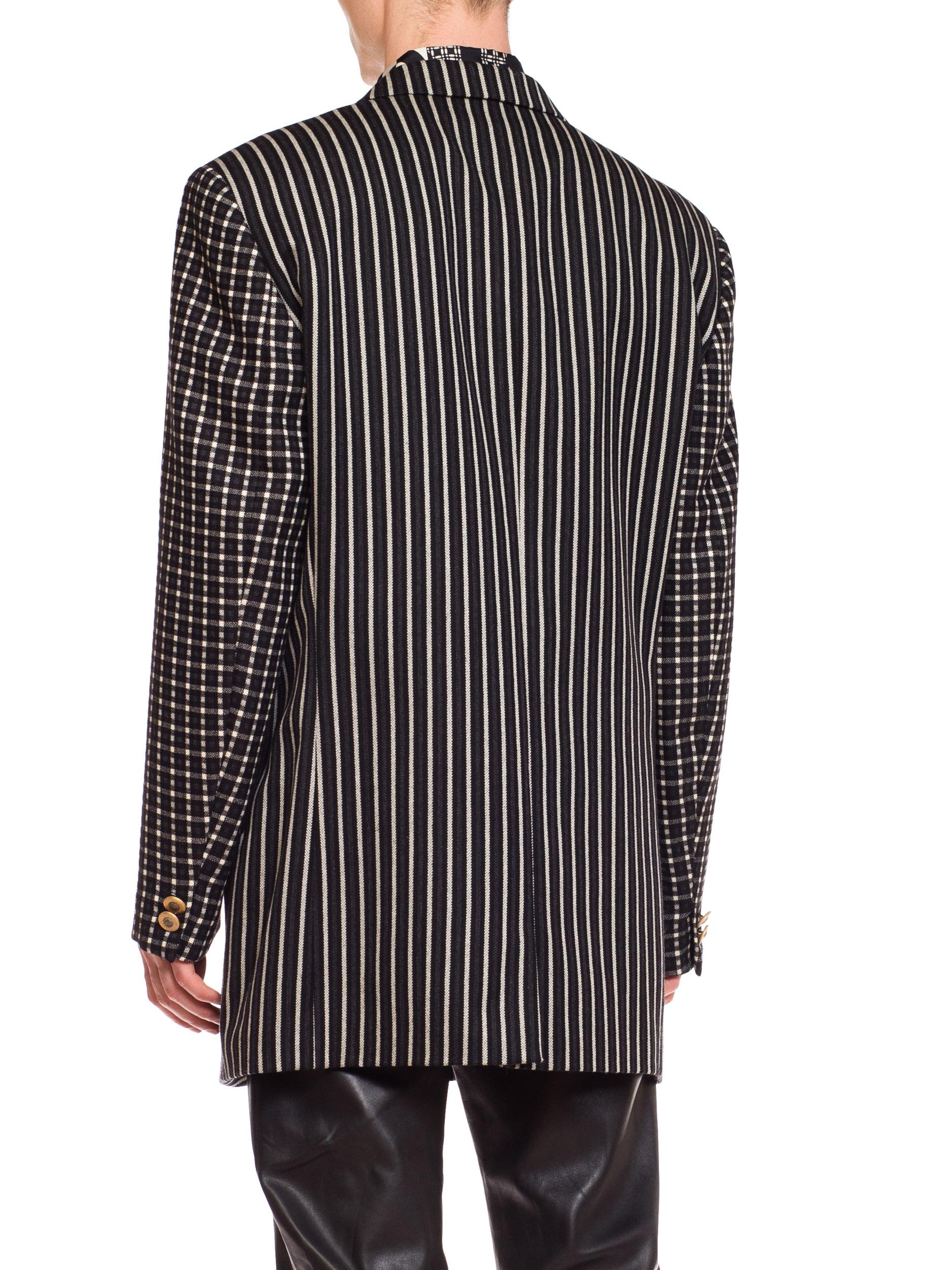 Men's 1990S GIANNI VERSACE Black, White & Grey Wool Check Plaid Striped Weiner Werksta For Sale