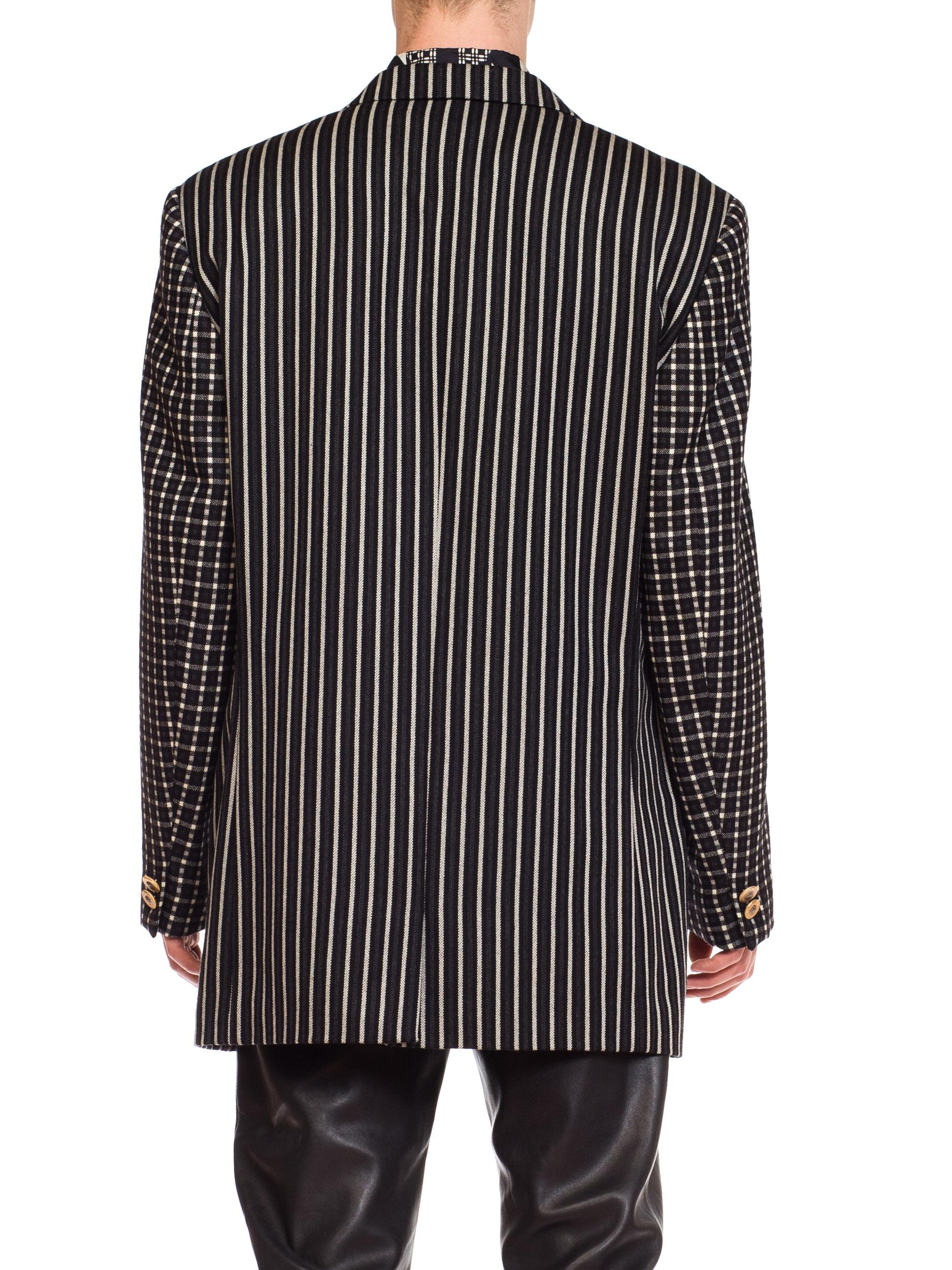 1990S GIANNI VERSACE Black, White & Grey Wool Check Plaid Striped Weiner Werksta For Sale 1