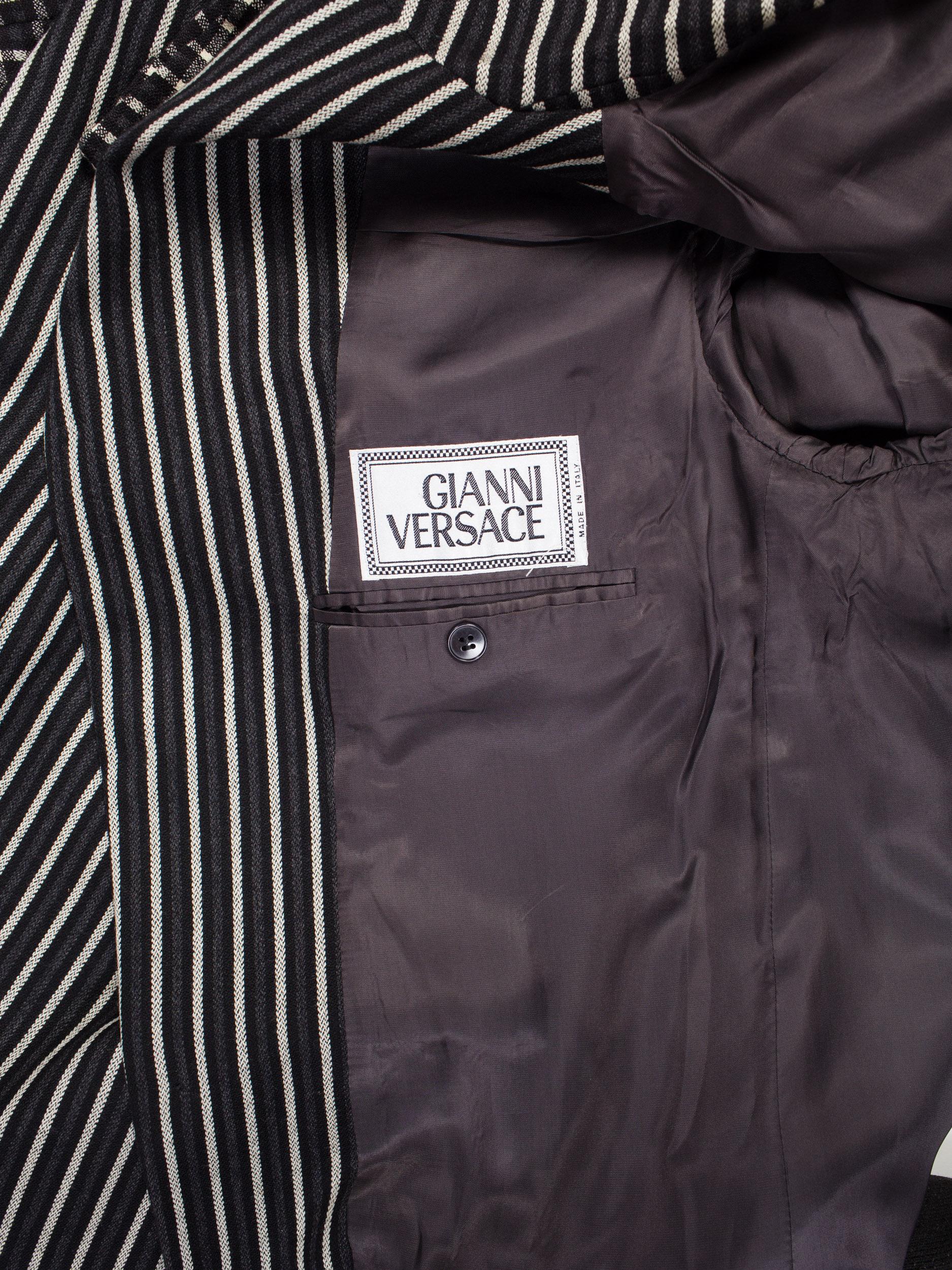 1990S GIANNI VERSACE Black, White & Grey Wool Check Plaid Striped Weiner Werksta For Sale 2