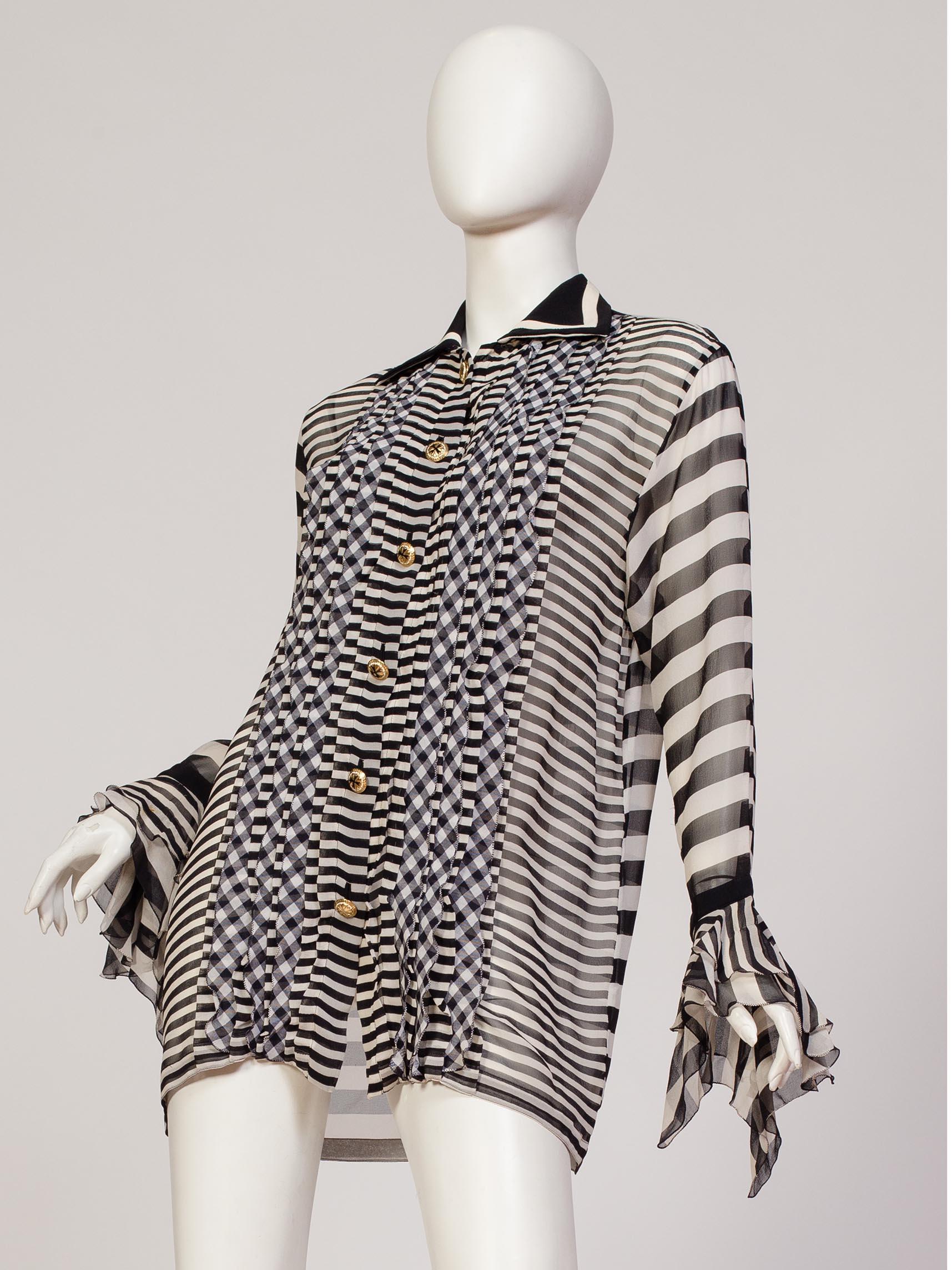 Gray 1990S GIANNI VERSACE Black & White Silk Chiffon Pleated Stripe Ruffled Blouse