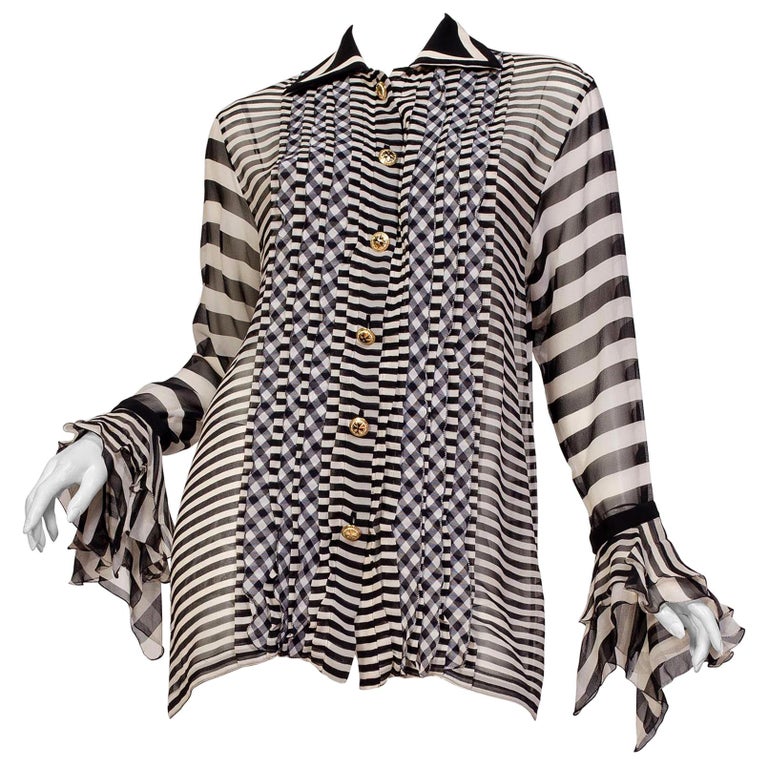 1990S GIANNI VERSACE Black and White Silk Chiffon Pleated Stripe