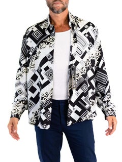 1990S Gianni Versace Black & White Silk Geometric Baroque Print Men’S Shirt Nwt
