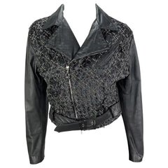 1990 Gianni Versace Black Woven Leather Silver Chain Oversized Leather Jacket (Veste en cuir surdimensionnée en cuir tressé)