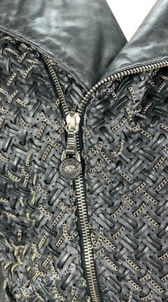 1990s Gianni Versace Black Woven Leather Silver Chain Oversized Leather Jacket