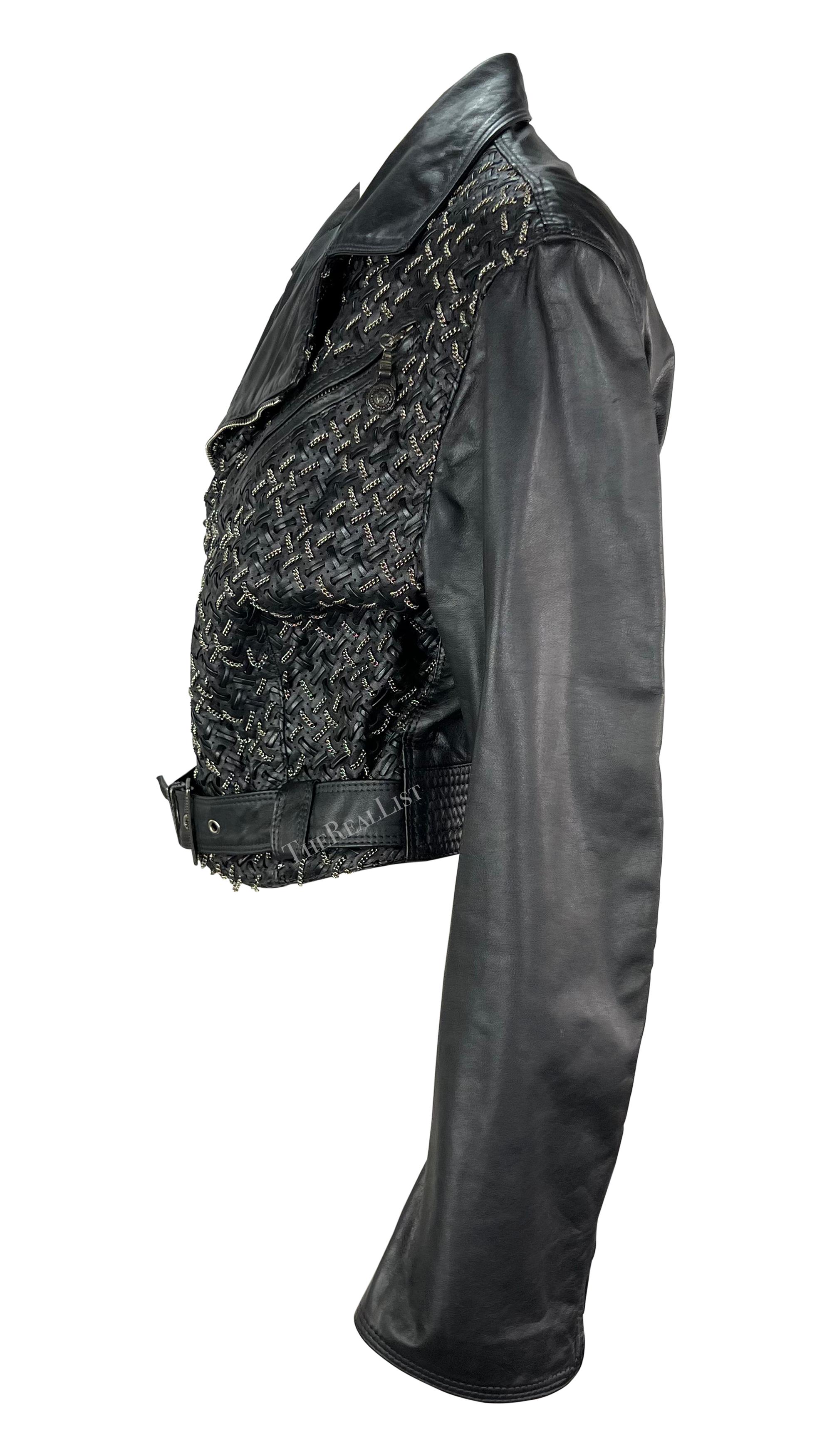 Women's 1990s Gianni Versace Black Woven Leather Silver Chain Oversized Leather Jacket For Sale
