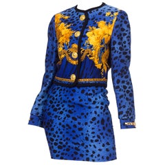 1990S GIANNI VERSACE Estampado de leopardo barroco azul  Traje De Falda Con Cadena Dorada Har