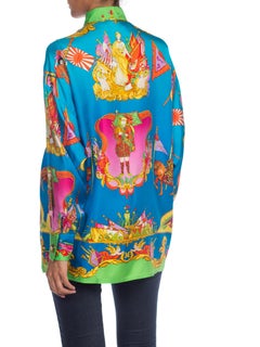 1990S GIANNI VERSACE Blue & Green Silk Twill Scottish Chinese Dragon Print Blou
