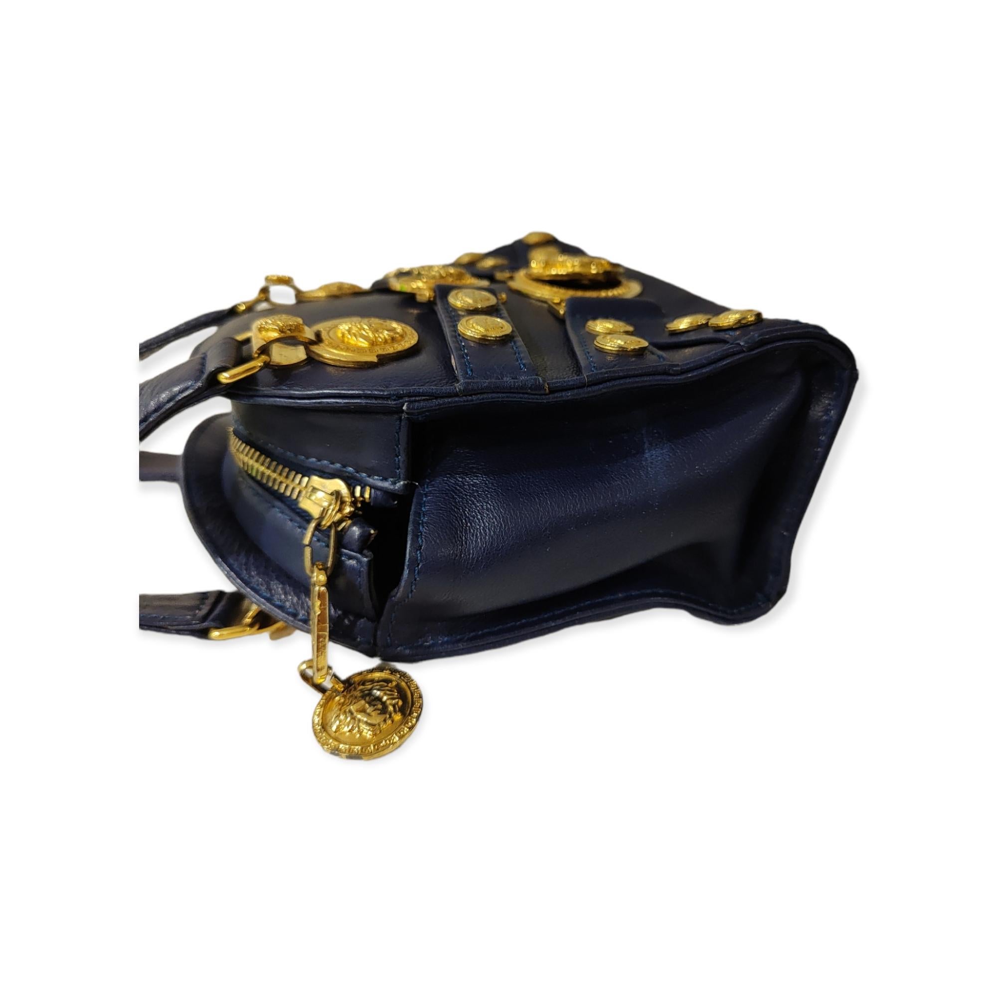 Black 1990s Gianni Versace blue leather gold hardware handbag shoulder bag
