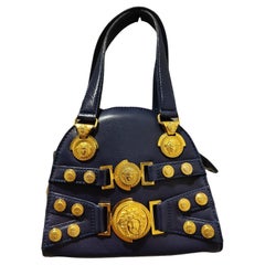1990s Gianni Versace blue leather gold hardware handbag shoulder bag