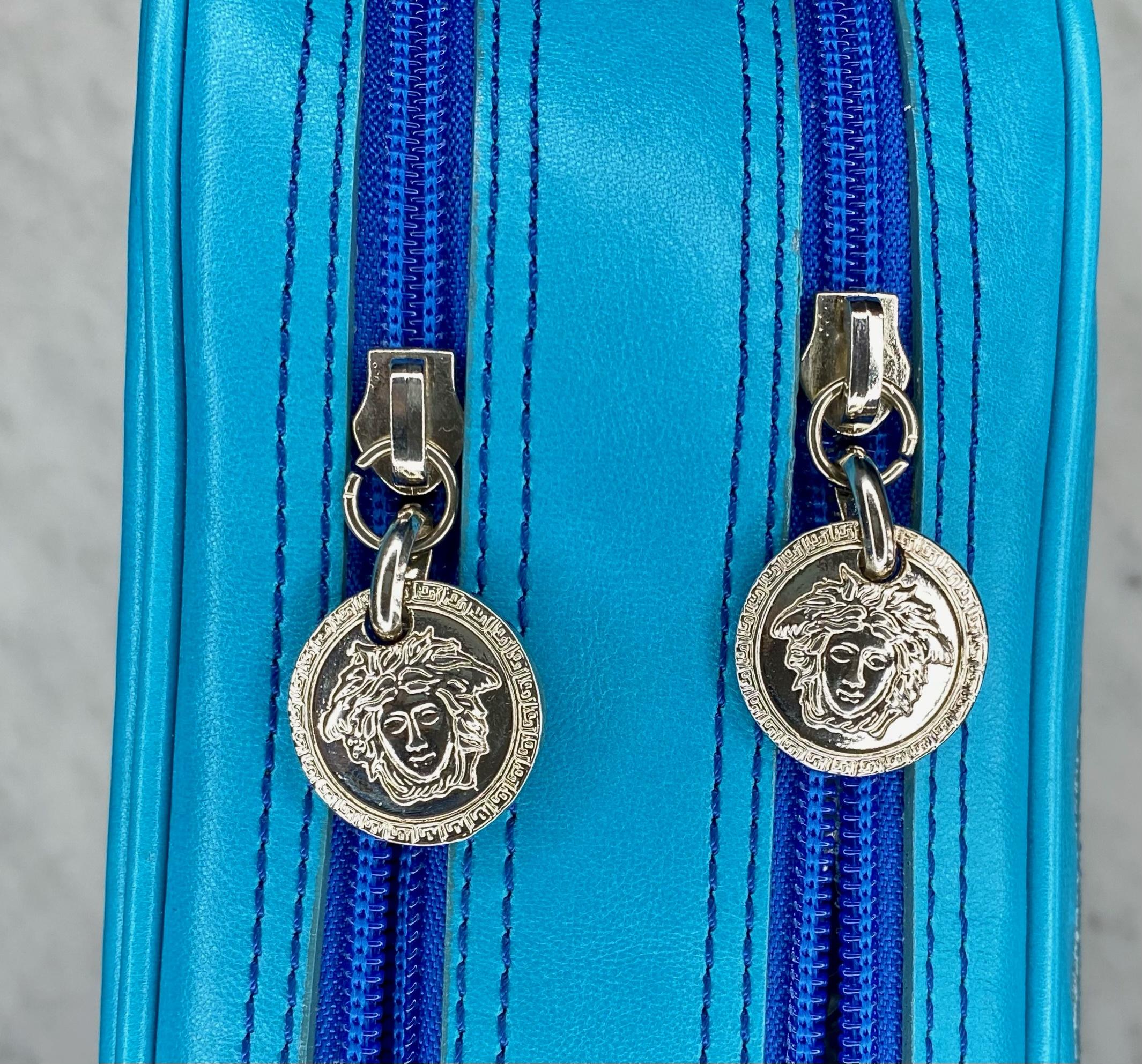 1990s Gianni Versace Blue Medusa Medallion Clutch Bag Travel Toiletry with Tag For Sale 1