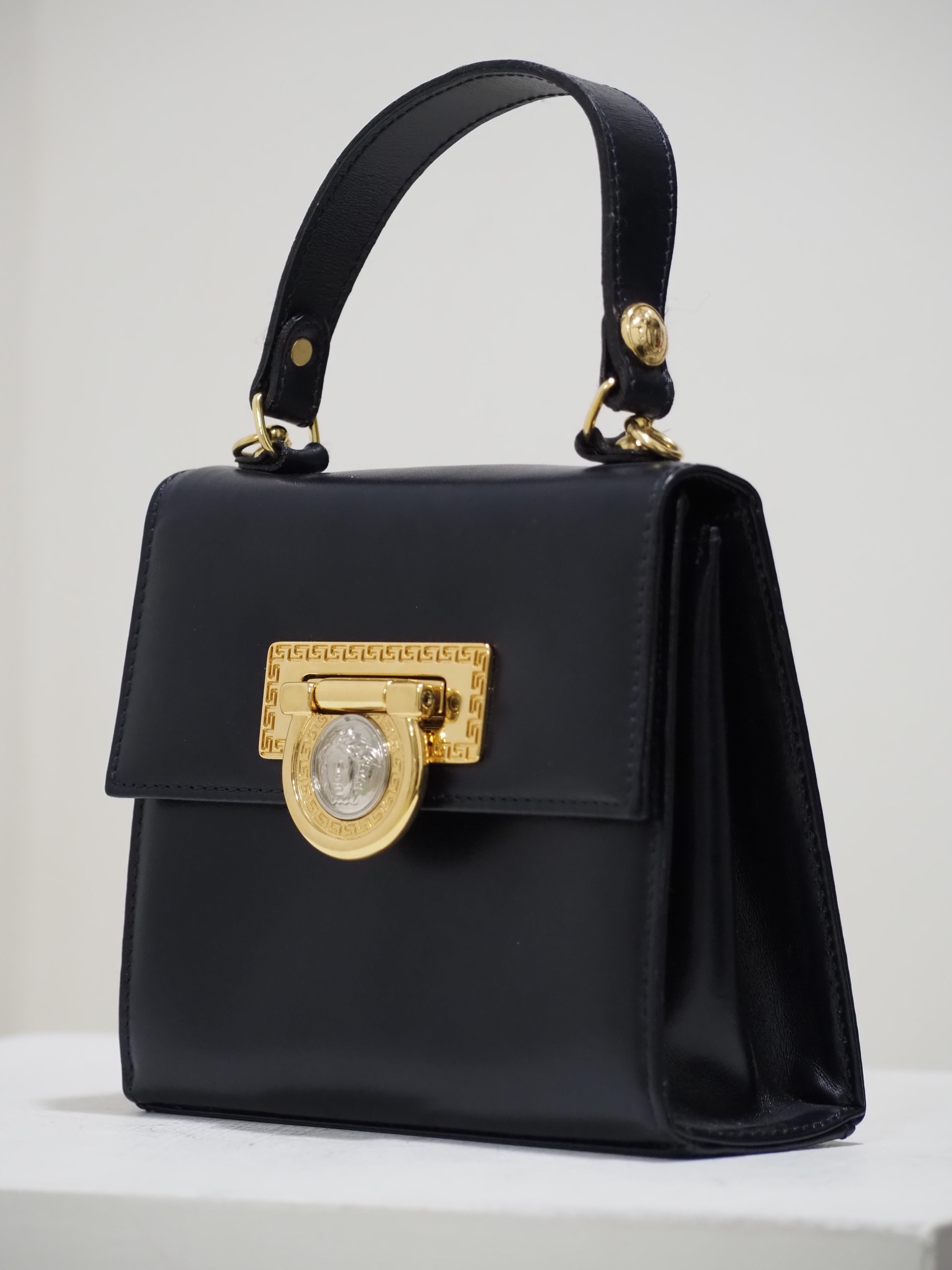 1990s Gianni Versace blue navy leather gold silver hardware shoulder bag handbag 5