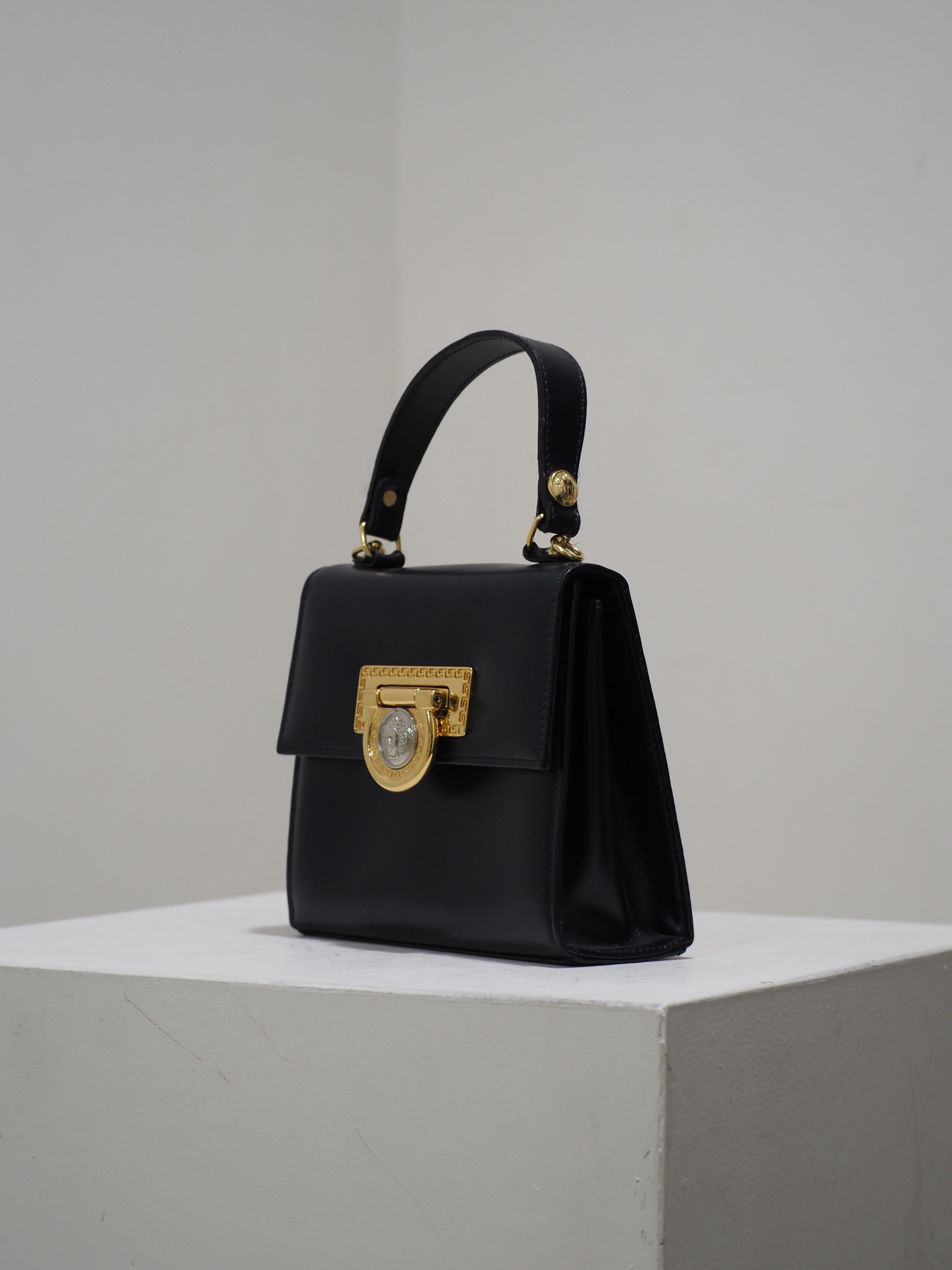 1990s Gianni Versace blue navy leather gold silver hardware shoulder bag handbag 6