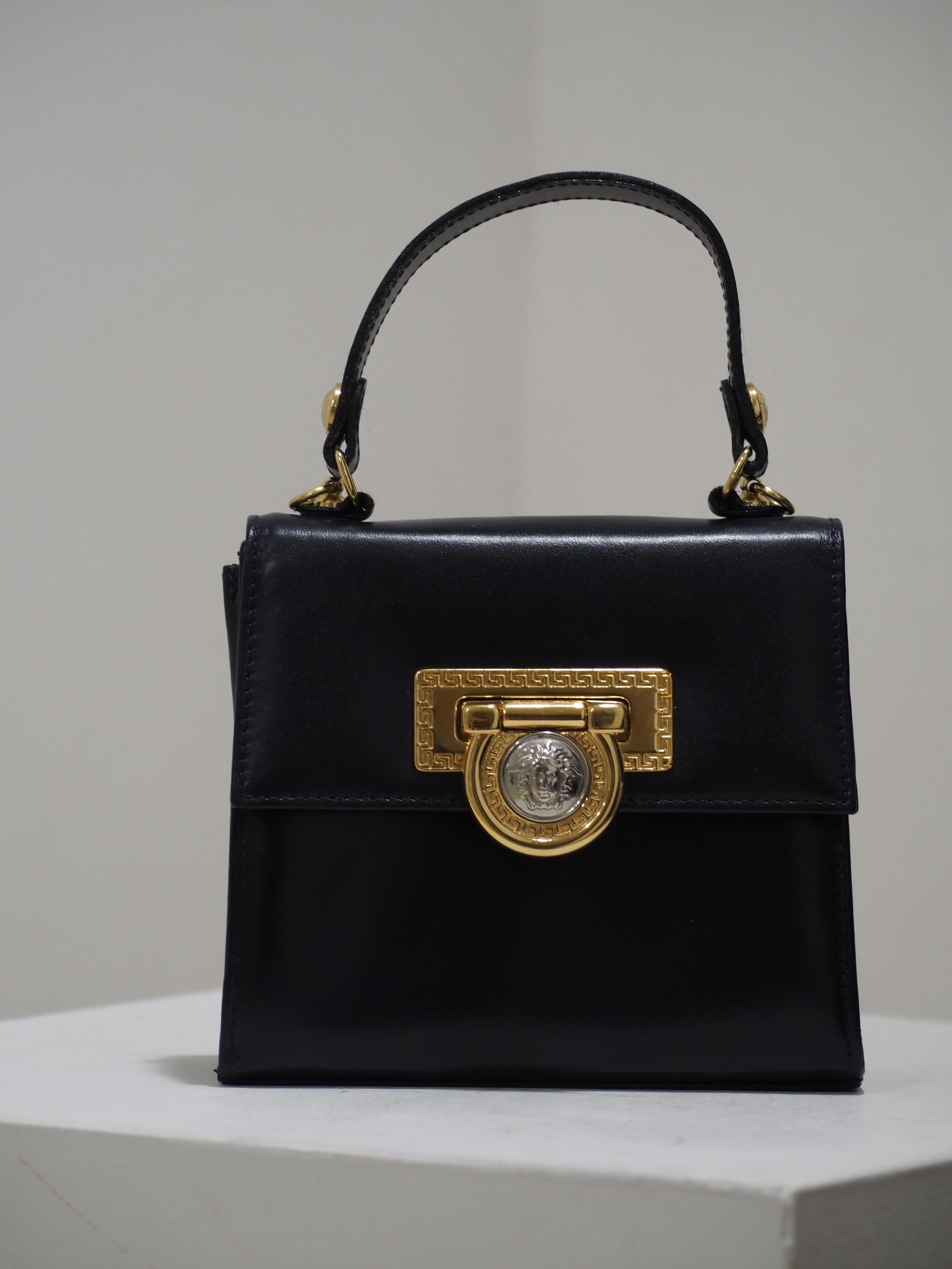 1990s Gianni Versace blue navy leather gold silver hardware shoulder bag handbag 7