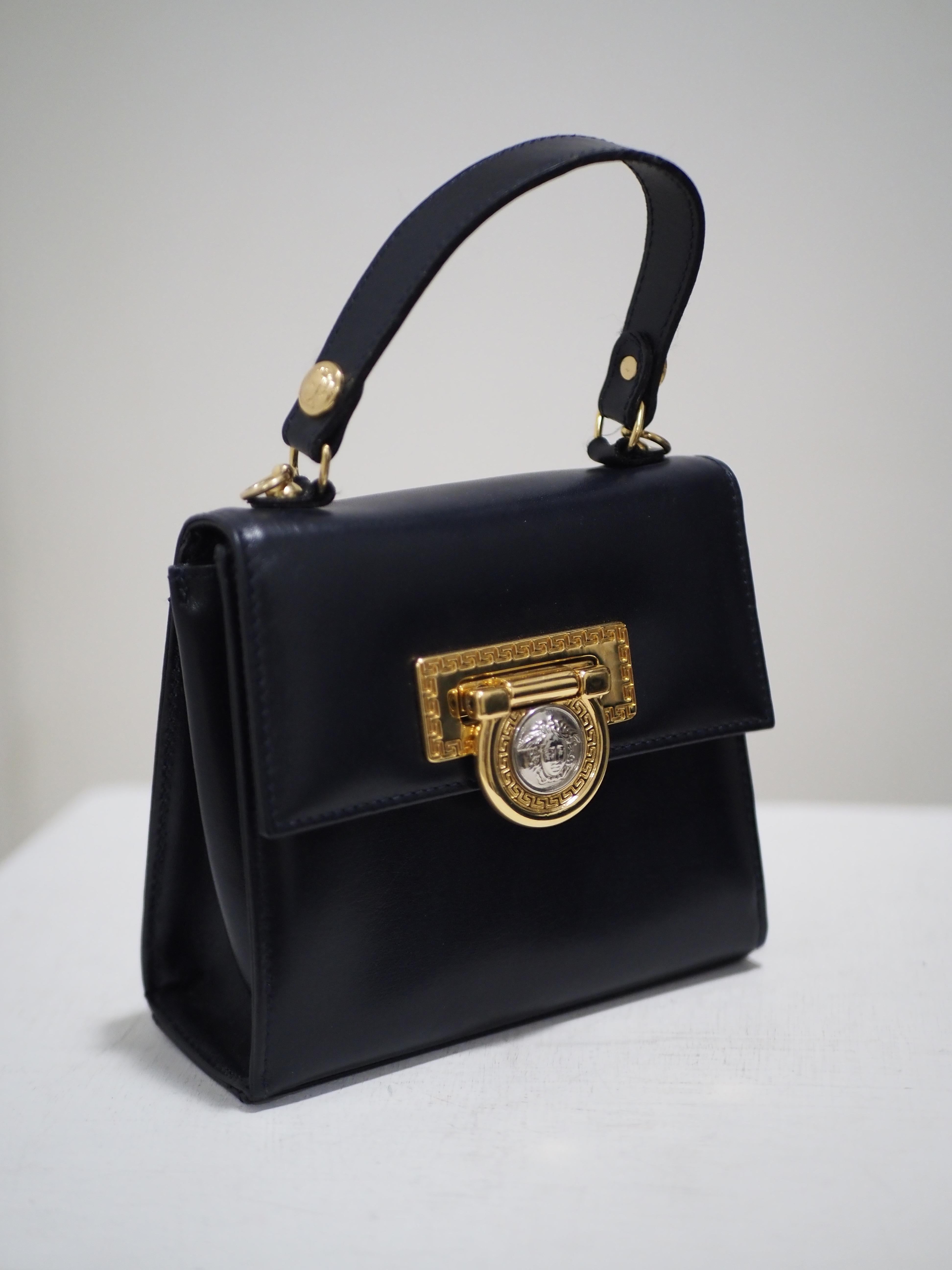 Black 1990s Gianni Versace blue navy leather gold silver hardware shoulder bag handbag