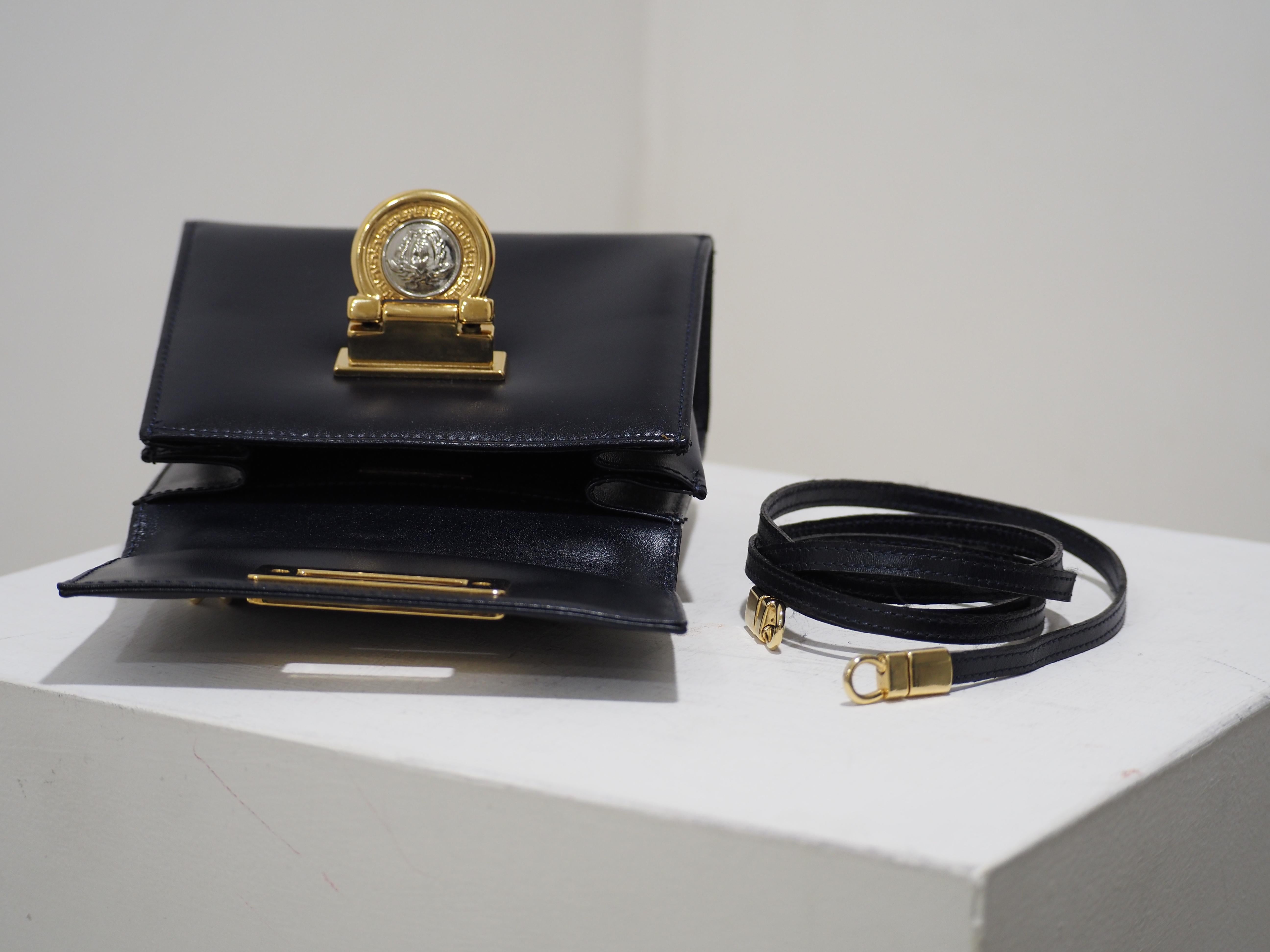 1990s Gianni Versace blue navy leather gold silver hardware shoulder bag handbag 1