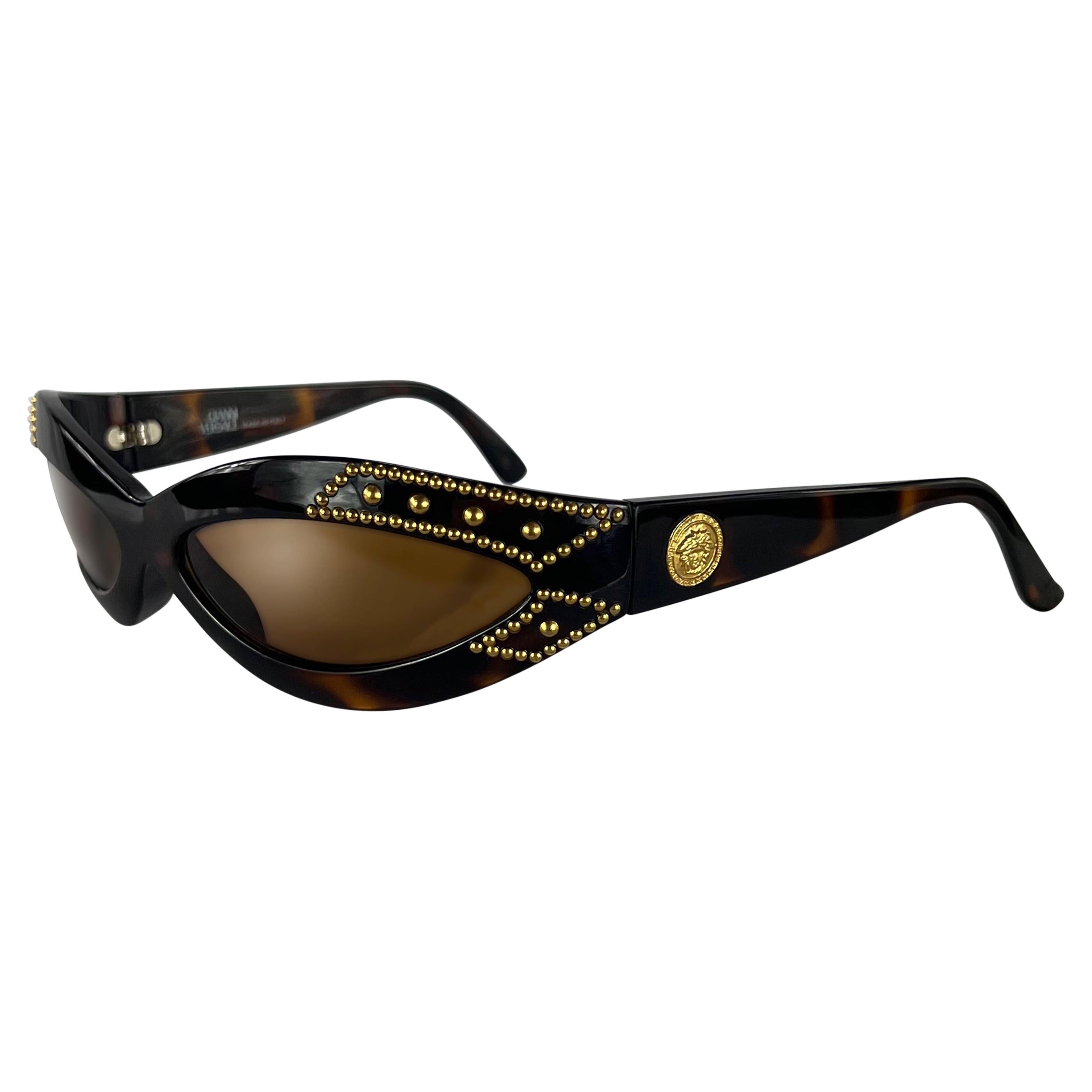 1990s Gianni Versace Brown Tortoise Shell Gold Studded Medusa Sunglasses For Sale