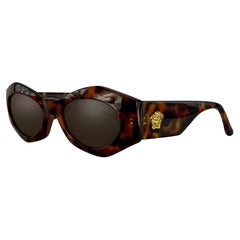 Retro 1990s Gianni Versace Brown Tortoise Shell Medusa Chunky Pointed Frame Sunglasses