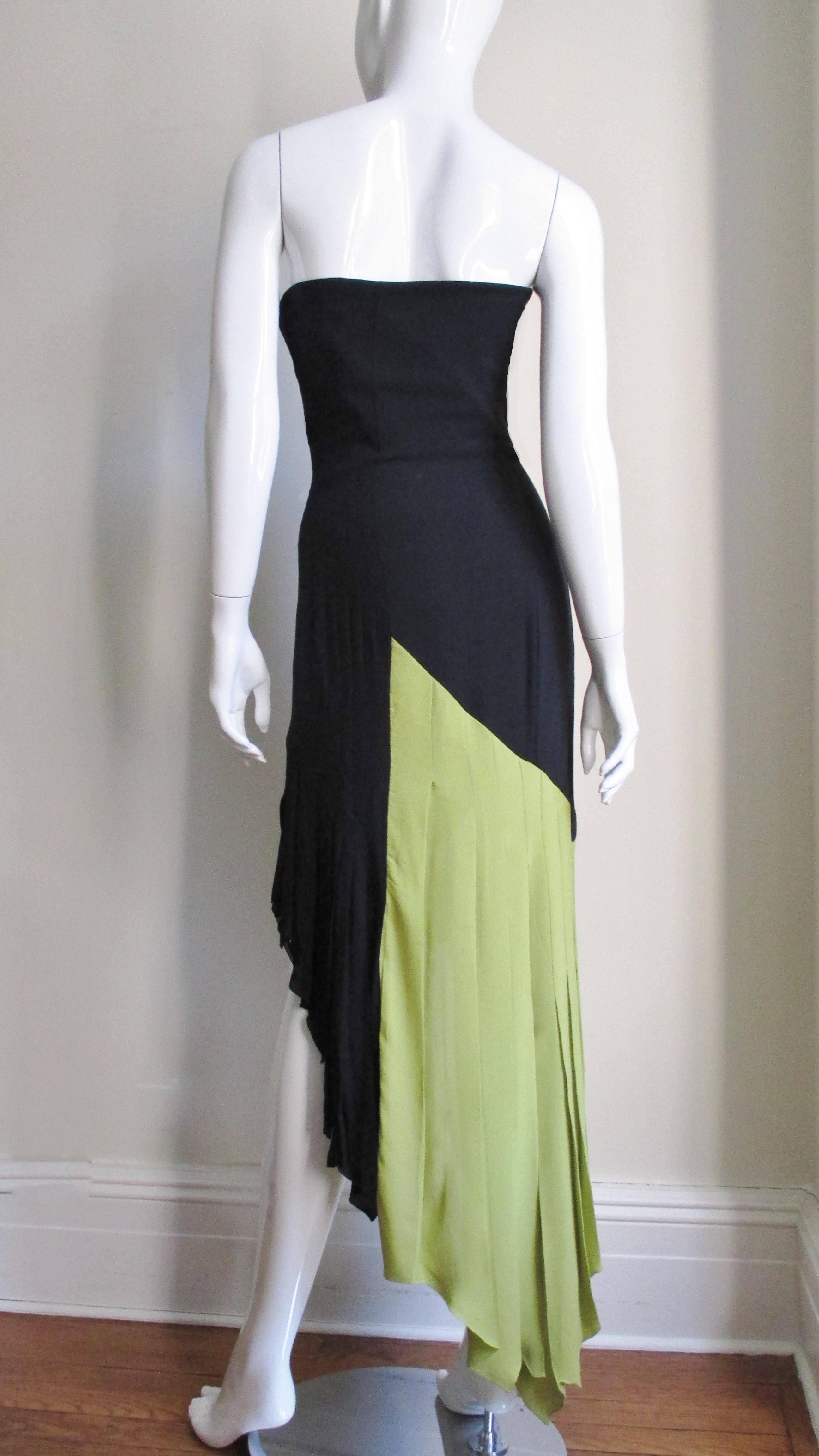 1990s Gianni Versace Color Block Bustier Dress with Lime Train 3
