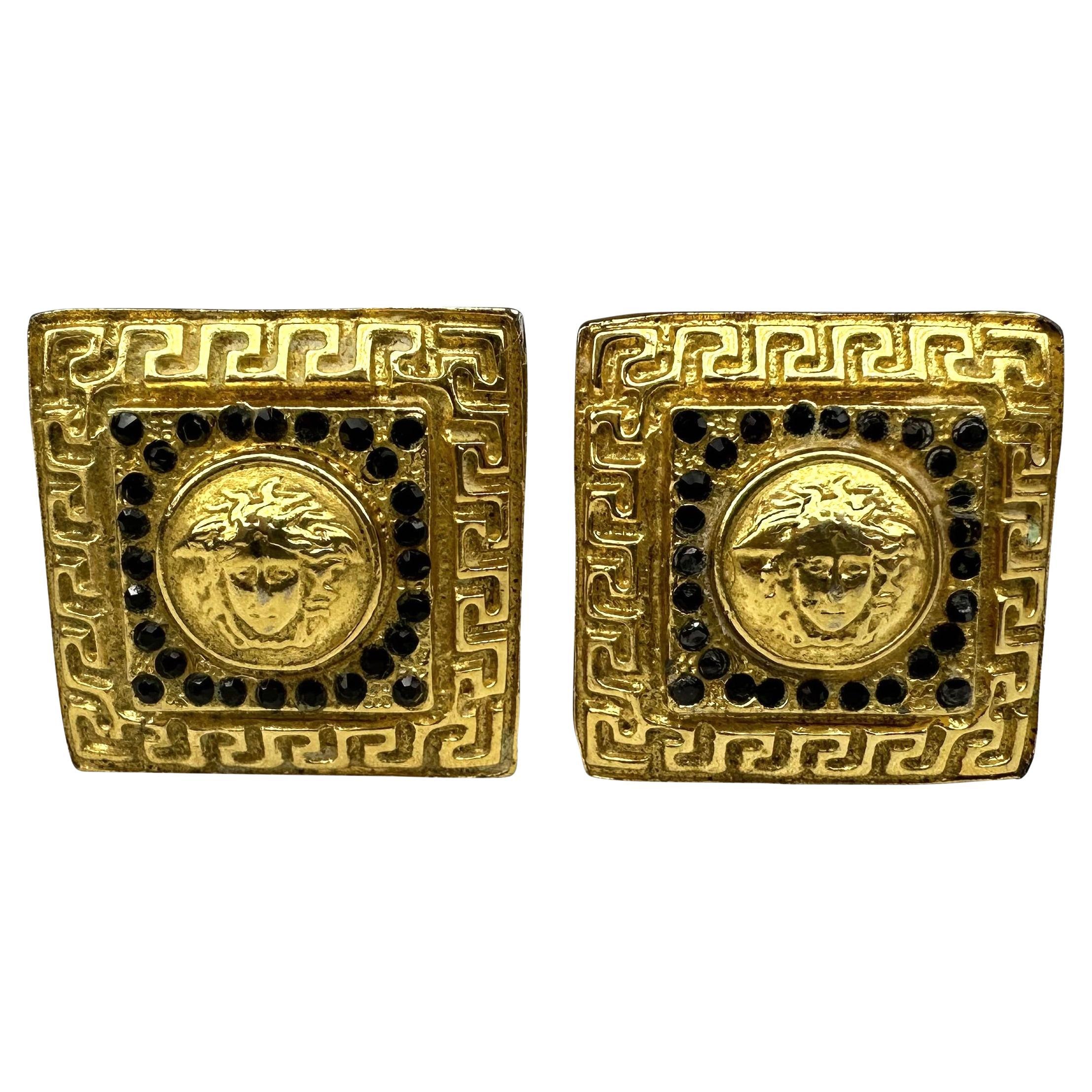 1990s Gianni Versace Costume Gold Square Rhinestone Clip On Earrings  For Sale