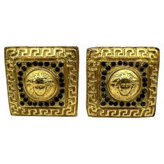 1990s Gianni Versace Costume Gold Square Rhinestone Clip On Earrings 