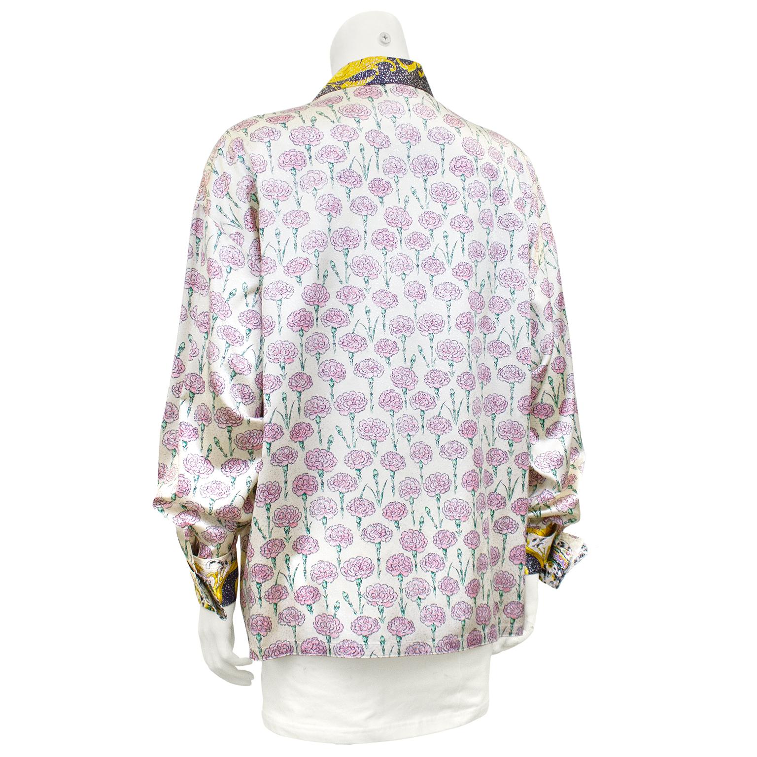 Beige 1990s Gianni Versace Couture Baroque and Carnation Print Silk Shirt  For Sale