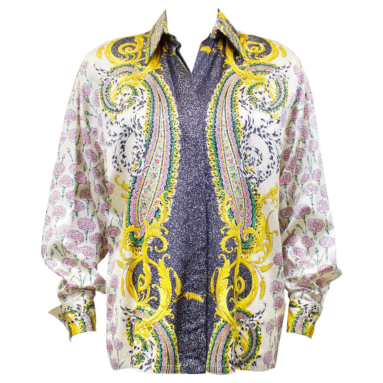 1990s Gianni Versace Couture Baroque and Carnation Print Silk Shirt 