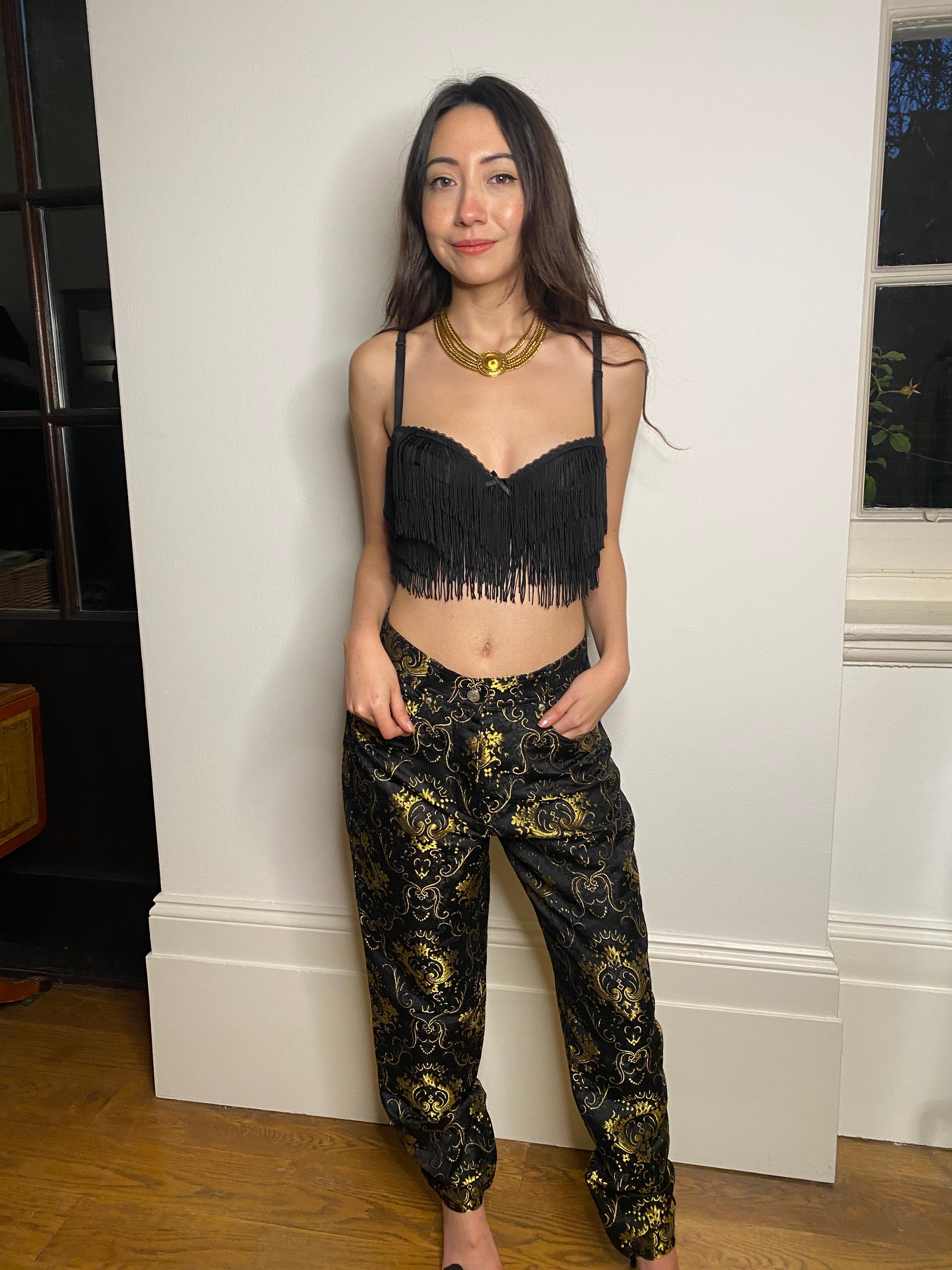Women's 1990s Gianni Versace Couture Black and Gold Baroque Pants For Sale
