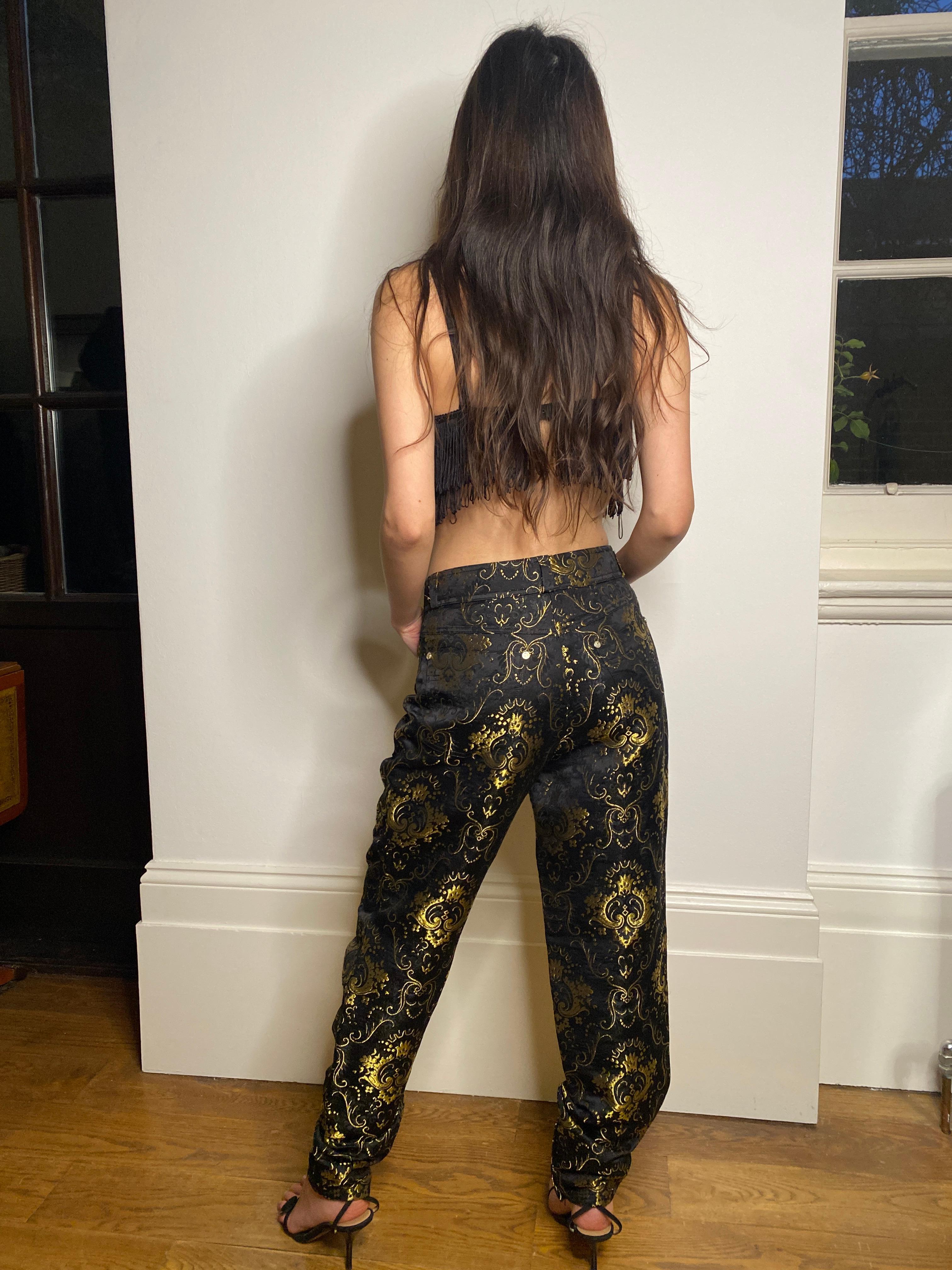 1990s Gianni Versace Couture Black and Gold Baroque Pants For Sale 1